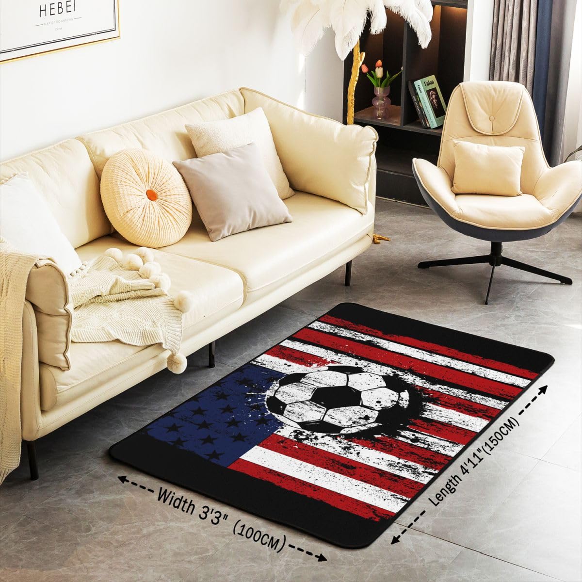 Homemissing Tappeto per area di calcio, 150 x 200 cm, con stampa bandiera americana, per soggiorno, camera da letto, camera da letto, calcio, videogiochi, con retro antiscivolo, tappetino per interni