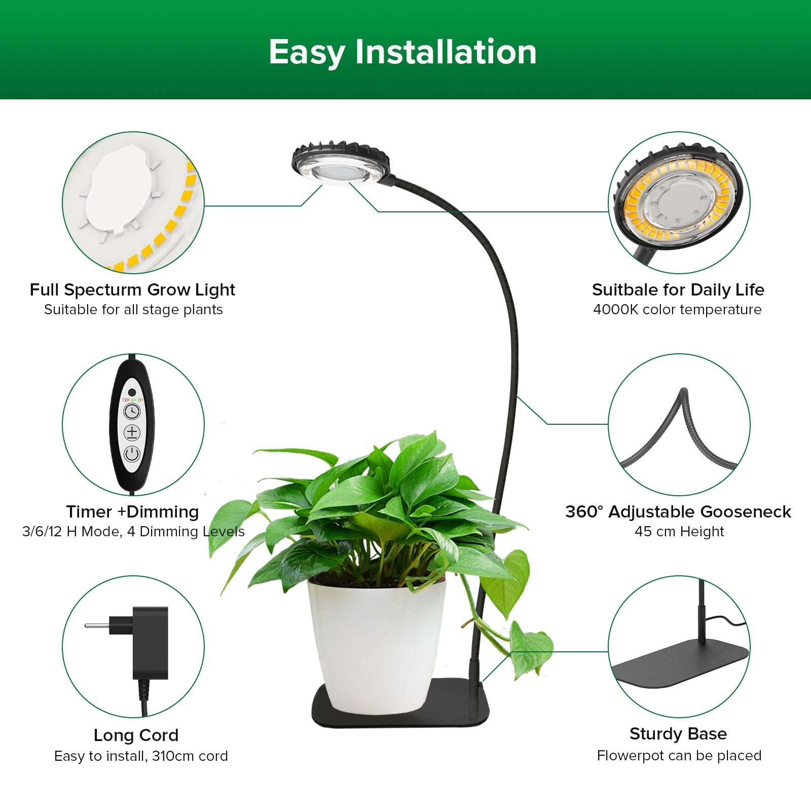 SNASI Lámpara de cultivo para plantas de interior, 12 W, espectro completo, regulable, ideal para macetas, suculentas y jardinería de interior, temporizador de 3/6/12h