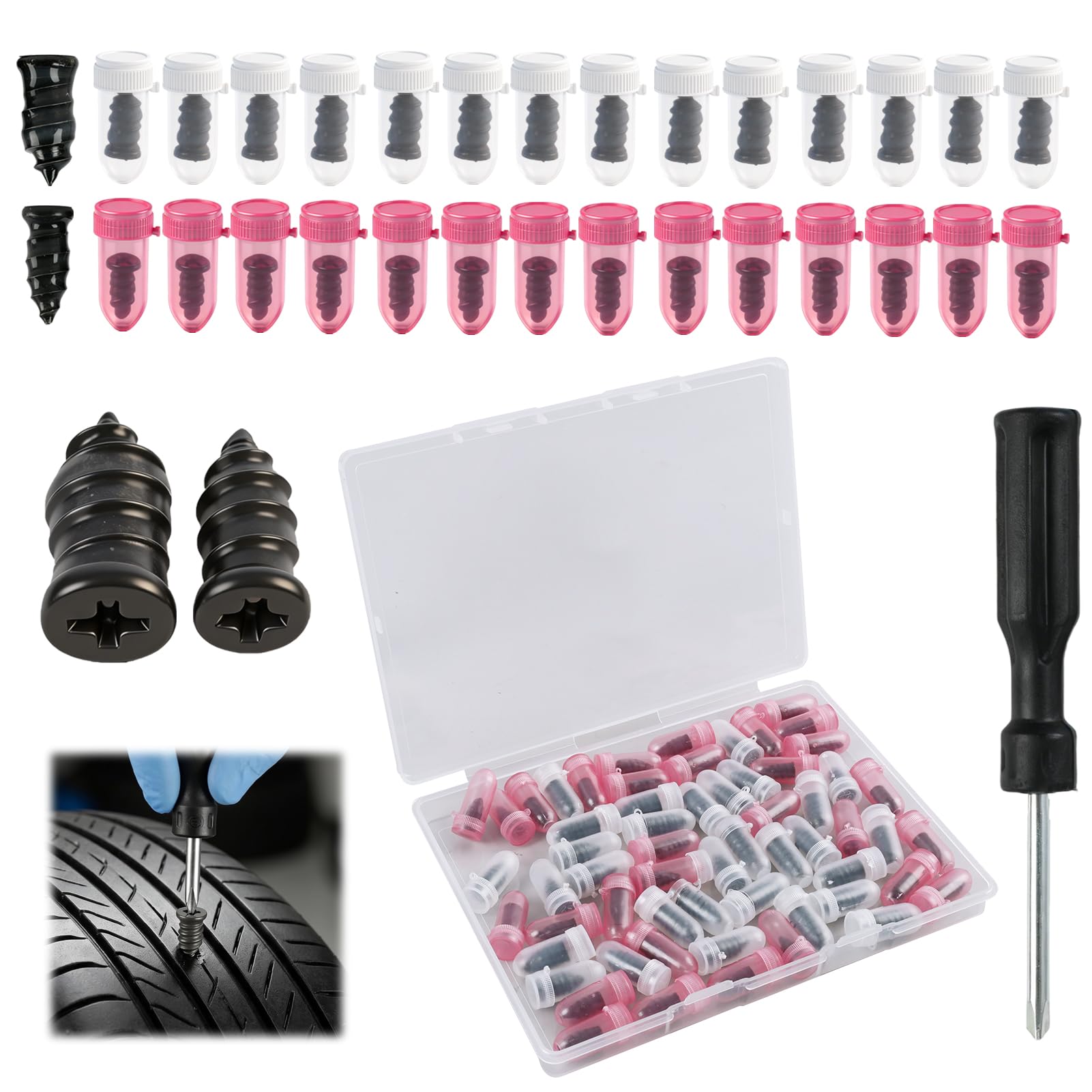 30 Piezas Clavos de Reparación de Neumáticos al Vacío con Destornillador, Clavos Goma con Destornillador, Clavo Gomas para Neumáticos, Tornillos Pinchazos Neumáticos, Clavos Goma Reparación (30)