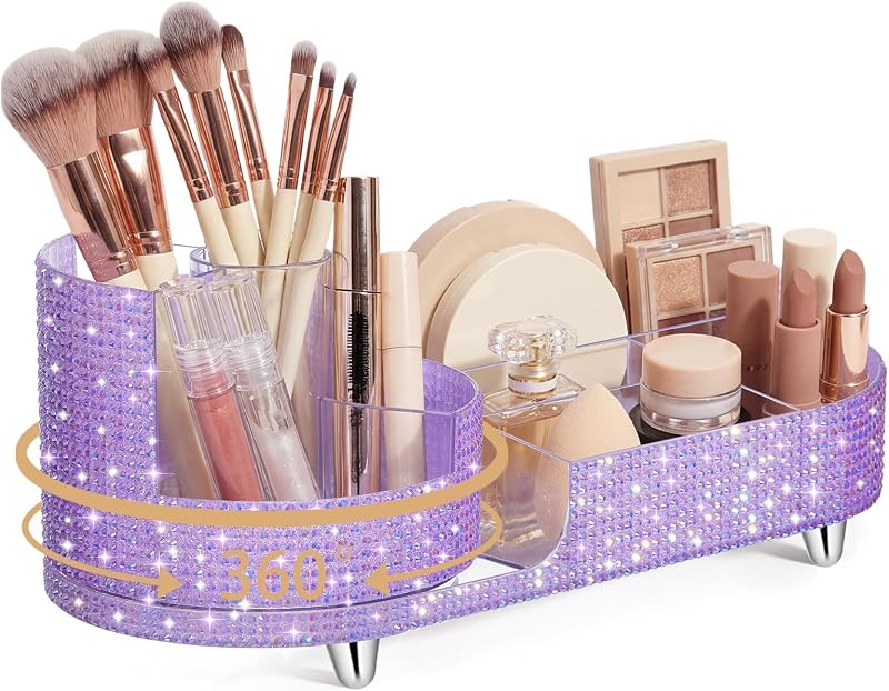 Organizador giratório de maquiagem Resholder roxo com strass
