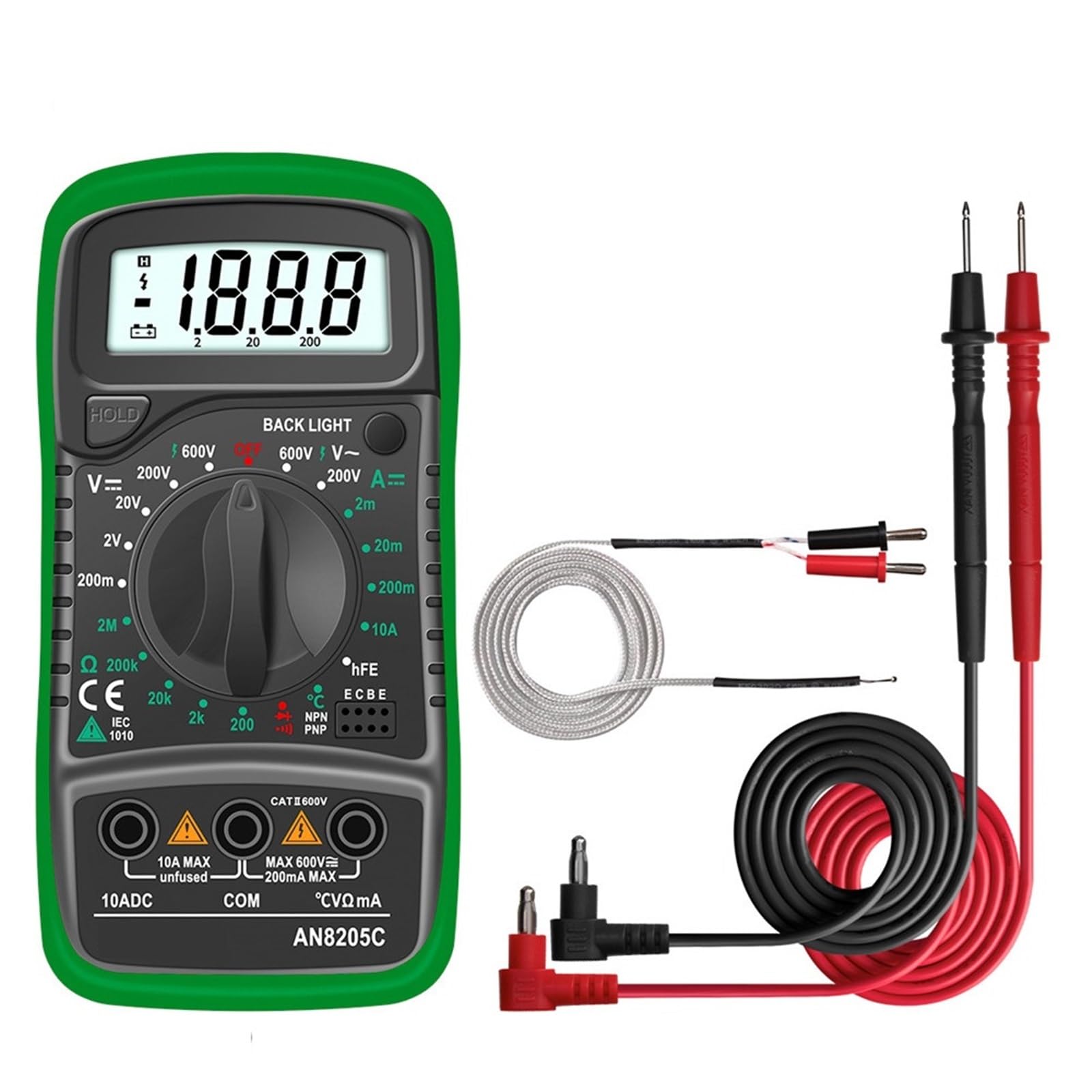 AN8205C Digital Multimeter AC/DC Ammeter Volt Ohm Tester Meter Multimetro With Thermocouple Backlight Portable(AN8205C Green)