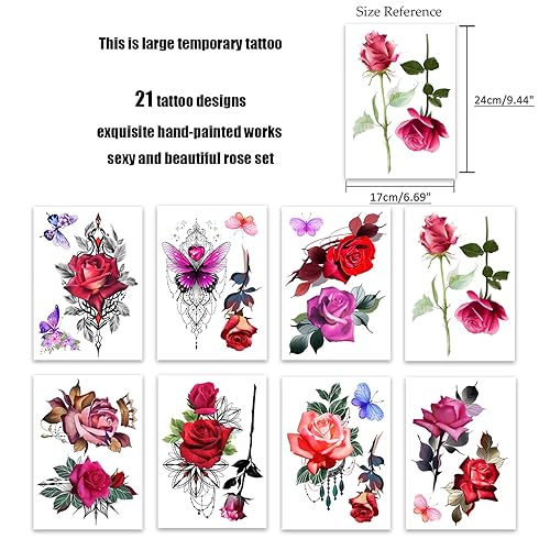 Miniatura 4 de ROARHOWL Impresionantes tatuajes temporales de flores de rosas, tatuajes falsos de rosas grandes para mujer, juego de tatuajes de rosas (rosa 3)