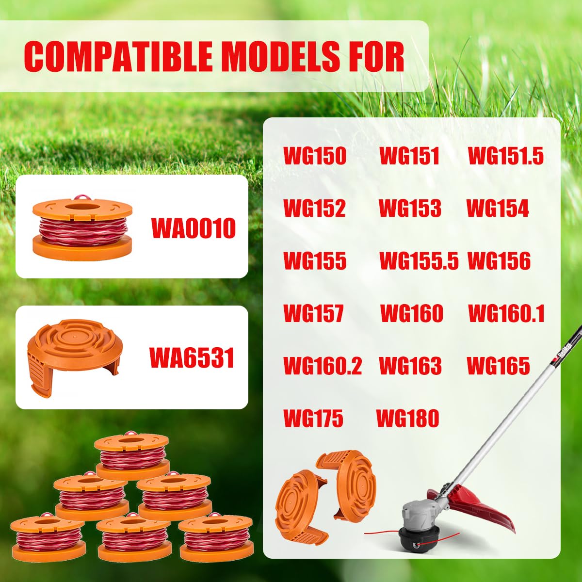 Grasmaaier draadspoel compatibel met WROX WA0004.1 - duurzame vervangingsdraad spoel & trimmer spoelkap voor alle 20 V grastrimmer draad trimmer vervanging spoel draad 1,65 mm, 3 m lengte (6 spoelen