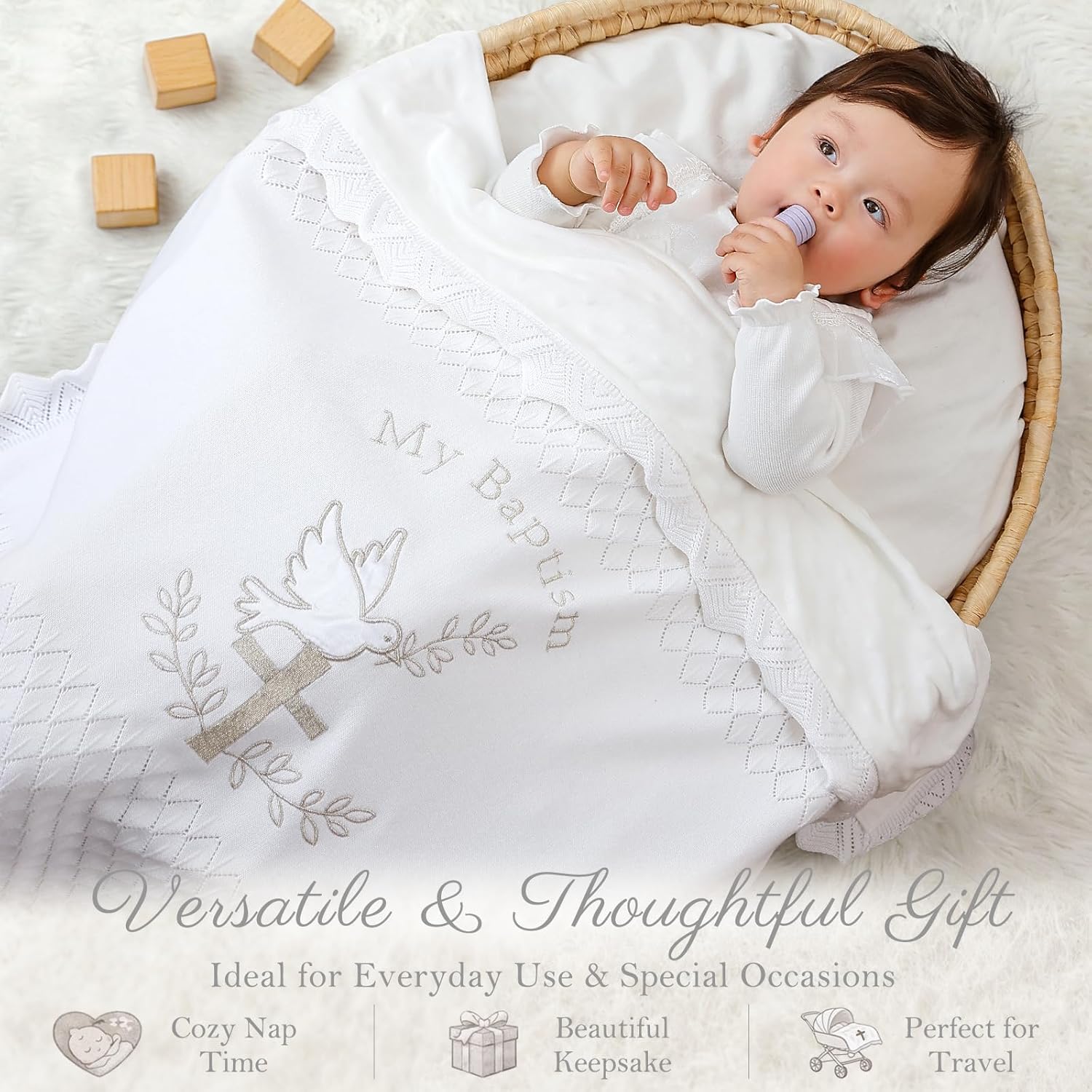 Baptism Knit Baby Blanket with Minky Dot Lining, 100% Cotton Christening Blanket 39.4 x 39.4 in, Embroidered Cross & Dove, White Heirloom Baby Baptism Gift