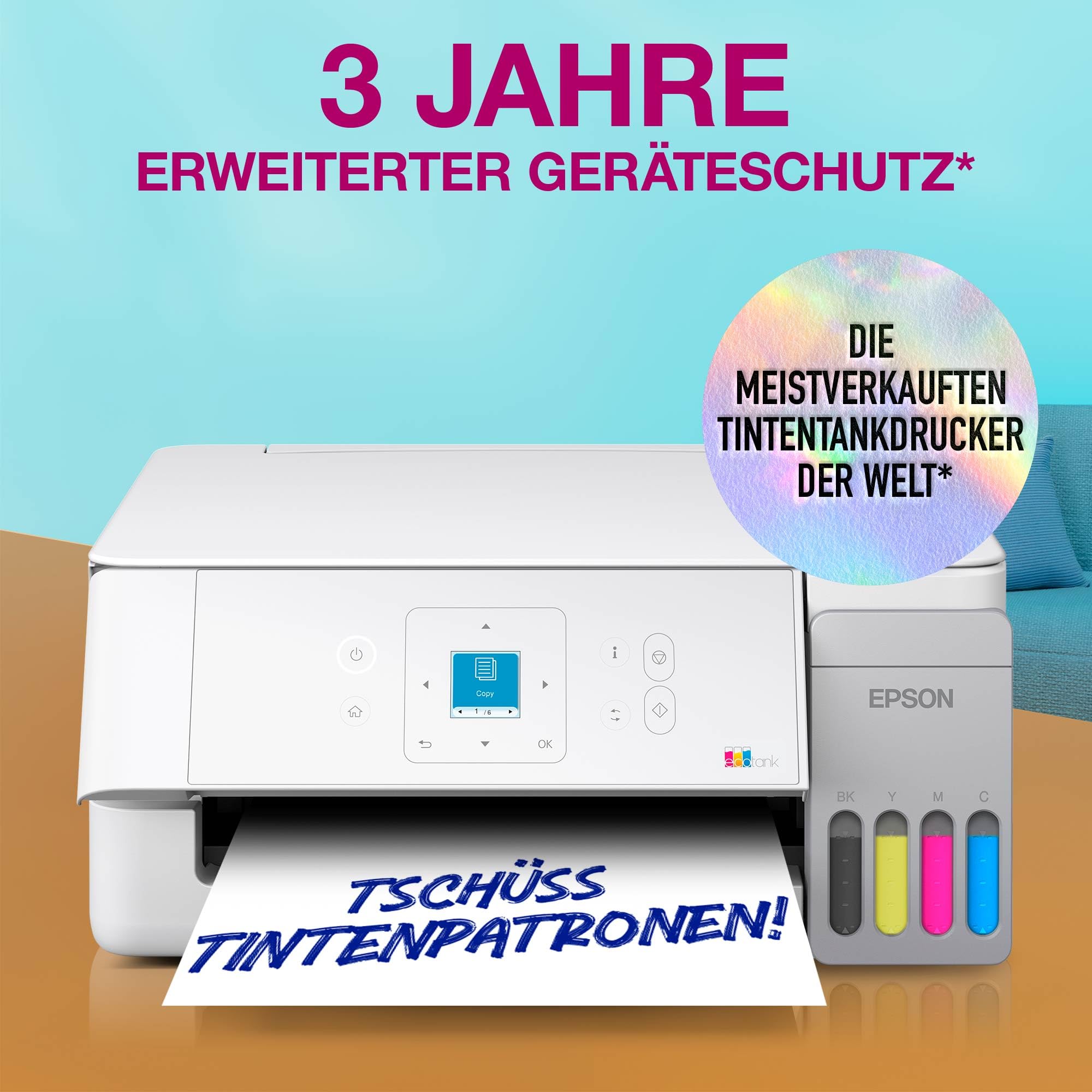 Epson EcoTank ET-2926 | Für vielbeschäftigte Haushalte | Wi-Fi | A4 | Drucken, Kopieren, Scannen | LC-Display | AirPrint-kompatibel | Kompakt | Enthält bis zu 3 Jahre Tinte