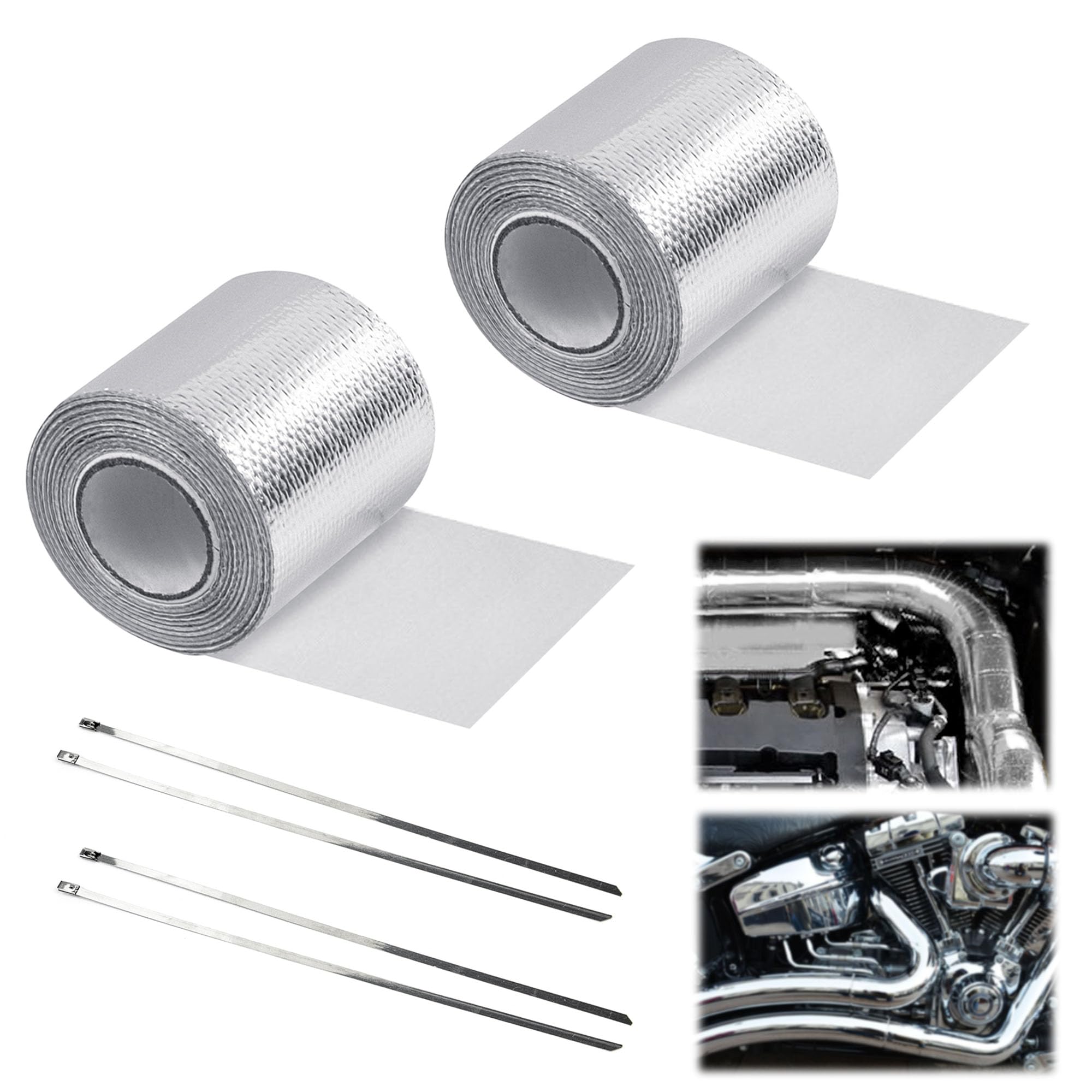 Bande Thermique Pour échappement Moto - 2 Rouleaux 5m X 5cm Argent Avec Attaches - Isolant Collecteur, Réduction Chaleur Et Bruit - 12