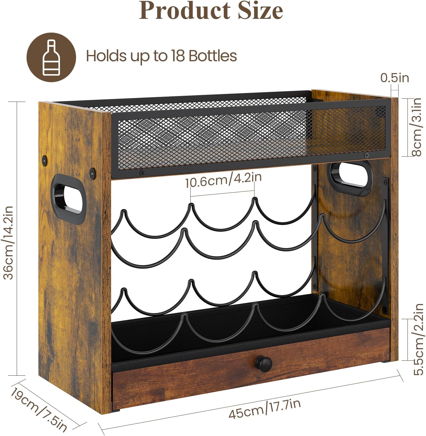 3-Tier Countertop Wine Rack, Coffee Syrup Rack Organizer With Drawer for Coffee Bar, Tabletop Liquor Bottle Display Shelf for Home Kitchens, Restaurants and Bar Counters, Holds up to 18 Bottles
