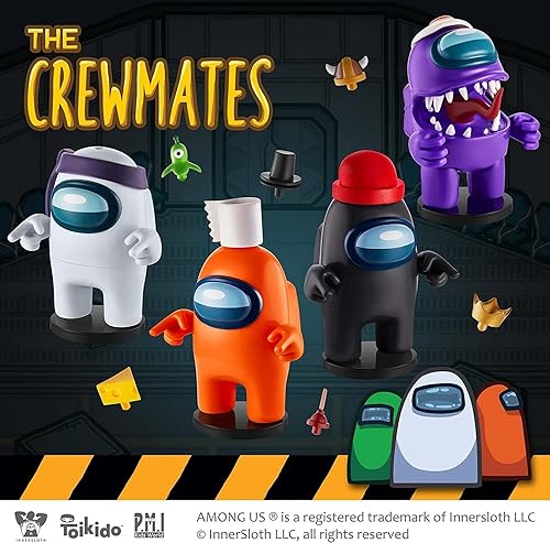 Miniatura 5 de Four Among Us Crewmate Figuras con sellos, juguetes Among Us de 4.5 pulgadas de alto + 10 sombreros y accesorios, recuerdos de fiesta de Among Us y