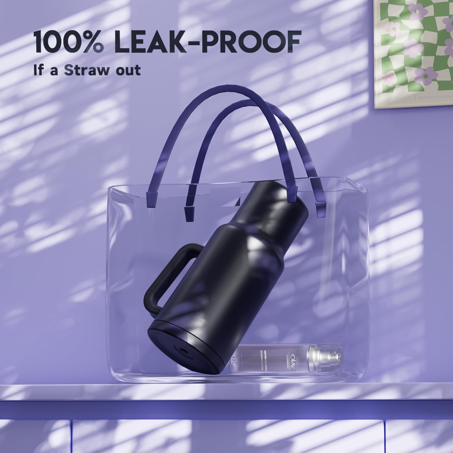 Meoky 40 oz Tumbler with Handle and Straw: Stainless Steel Insulated Tumbler with Lid and Straw - 100% Leak Proof Tumbler for Car Cup Holders - Travelers Commuters Workers, Blueberry - Image 3