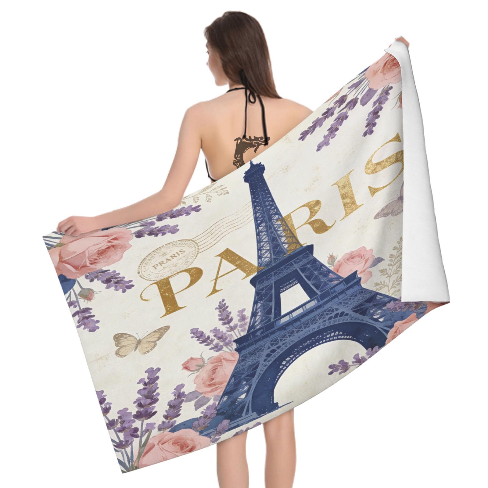 Leichong 3D Vintage Paris Beach Towel Microfiber Soft Quick Dry for Adults, Romantic Theme Bath Towel Lightweight Soft Absorbent for Travel Swimming Pool Sports, 75 x 150 cm