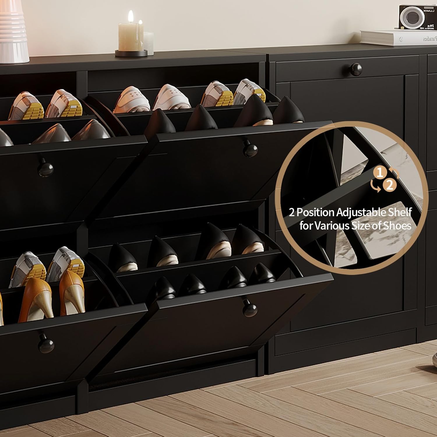Close-up image showing the adjustable shelf feature inside a flip-down drawer of the VOWNER Shoe Cabinet.