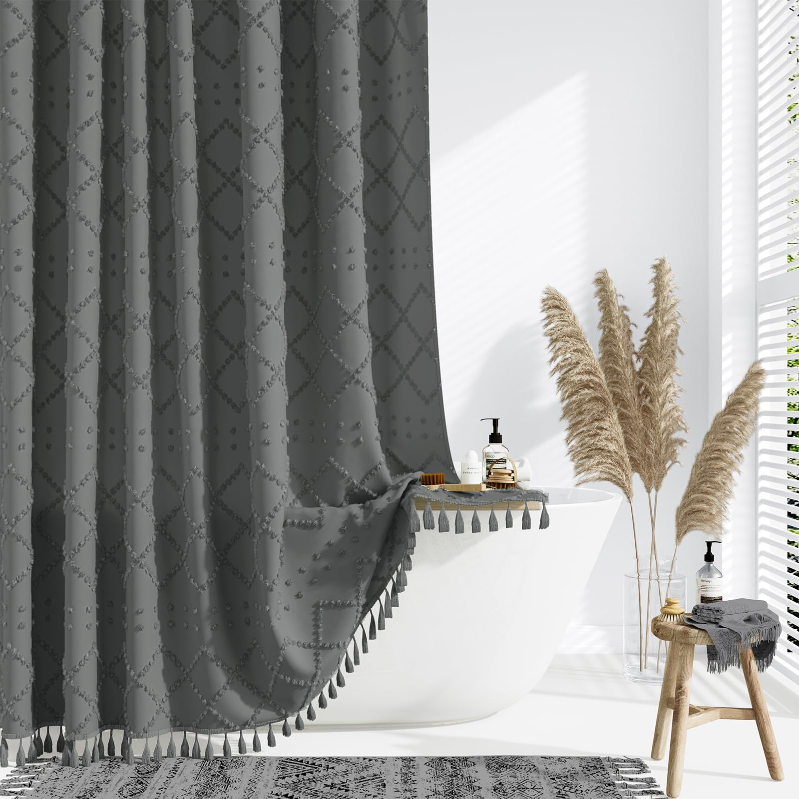 Dynamene 78 Inch Long Shower Curtain, Boho Tufted Geometric Striped Tall Cloth Shower Curtains for Bathroom Decor, Large Hotel Luxury Shower Curtain Set with Hook, Wrinkle Free, Charcoal Grey, 72x78