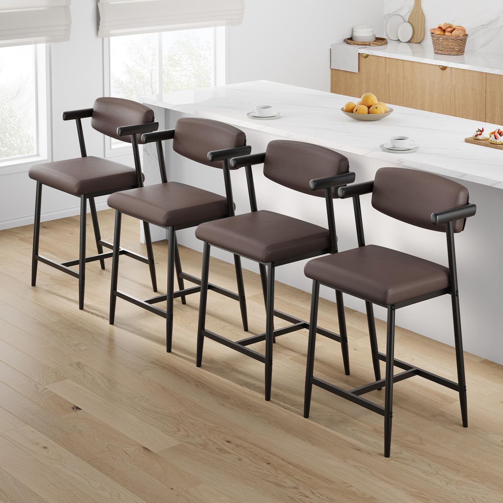 Tabourets de bar avec accoudoirs GarveeHome en cuir marron rembourré (lot de 4)