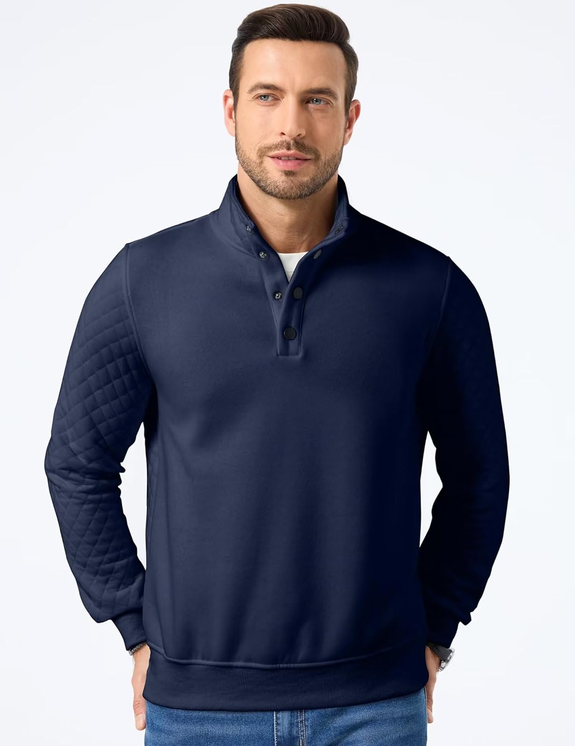 Quilted Sweatshirts for Men Quarter Button Pullover Sweater Casual Mock Neck Thermal Fleece Pullover Sweatshirt - Image 3