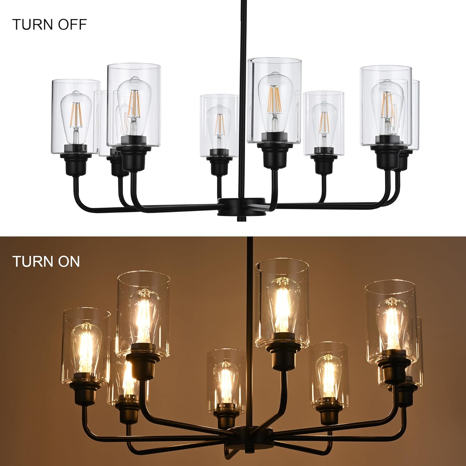 8-Light Modern Black Chandelier with Clear Glass Shades, E26 Base Farmhouse Pendant Light Fixture, Adjustable Swivel Heads Ceiling Lighting, Industrial Chandelier for Dining Room Kitchen Hallway