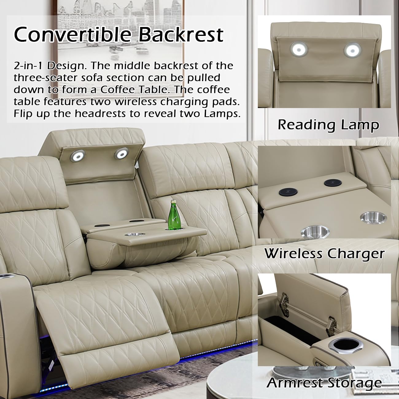 Power Recliner Sectional Sofa Set for Living Room Furniture Sets,Leather Reclining Sofa Set with LED Lights/Hidden Storage,L- Shaped Couch for Living Room/Home Theater(Beige,Sectional)