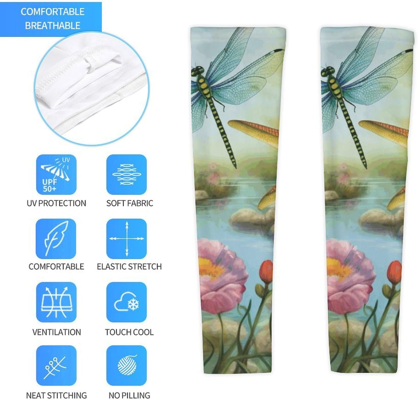Dragonfly Garden Spring Arm Sleeves for Men Women Sun Protection Sleeves Cooling Compression Arm Covers for Sport