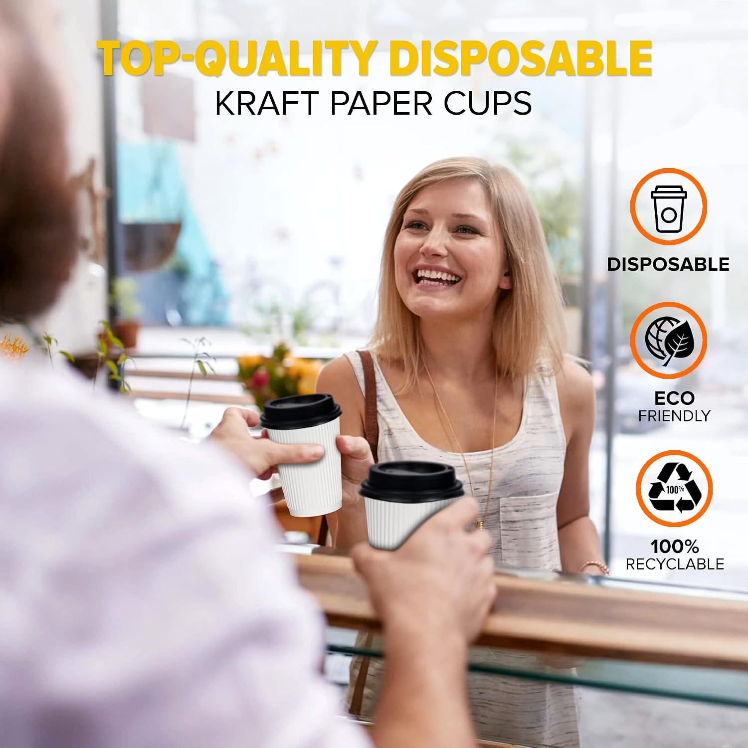 Fit Meal Prep [500 Pack] Disposable Coffee Cups with Lids - 12 oz White Double Wall Ripple Sleeves Insulated Coffee Cups with Black Dome Lid - Paper Cups for To Go Chocolate, Tea, and Cocoa Drinks