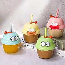 ENCHANTMENT Cute Cartoon Glass Juice Cup with Straw | 210ml Reusable Drinking Cup | Leakproof Lid | Kids & Adult Beverage Cup for Juice, Milk, Water, Lemonade