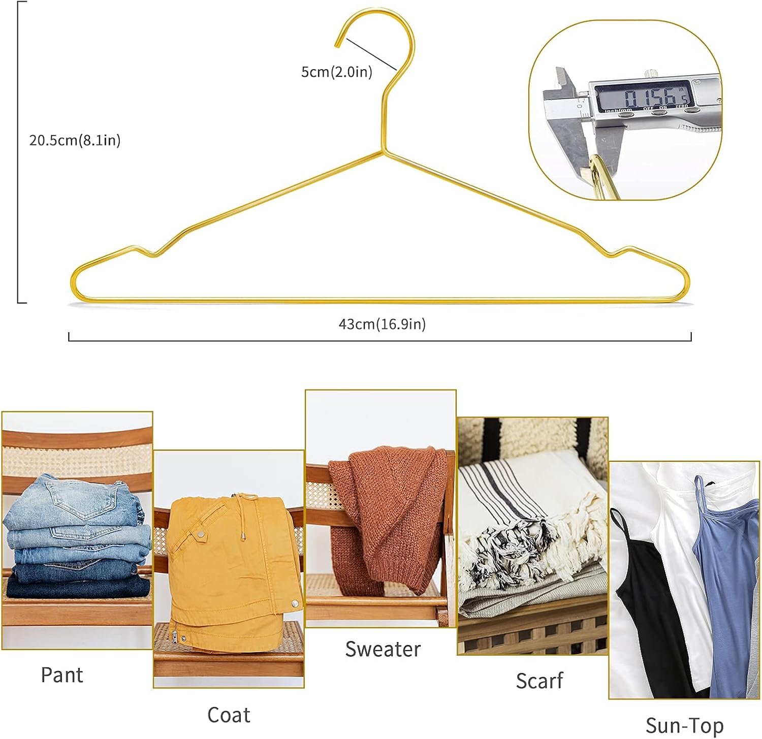 Nature Smile 17 Inches Shiny Gold Metal Clothes Hanger With Big Notches - Coat, Suit, and Dress Hanger - Pack of 10