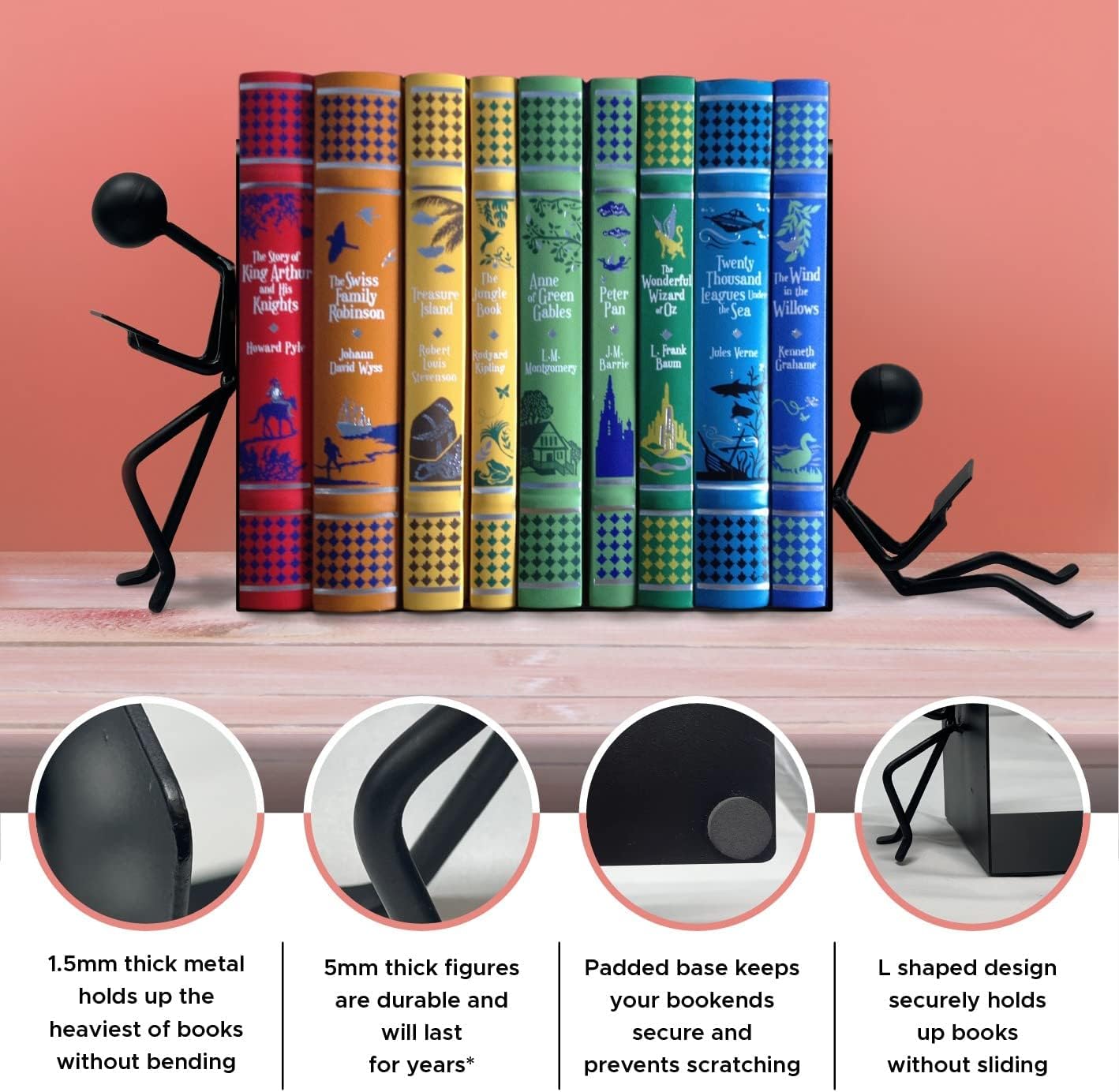 Ottimo Heavy Duty Metal Unique Office Desk Bookends for use as Bookshelf Decor, Home, Office or Kitchen Shelves. Unique, Cute and Decorative Book Stopper to Hold Books, Great Gift Idea (Black)