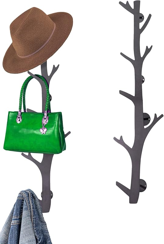 Tree Branch Coat & Hat Rack Wall Mount with 8 Vertical Hooks for Caps, Coats, Purse & More Modern Storage Dog Leash Holder Decorative Wall Hooks Vertical