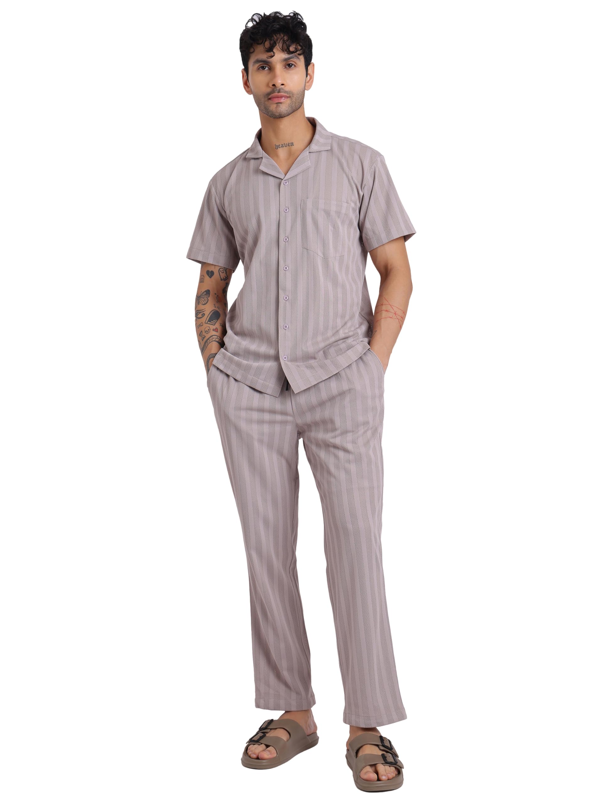 Unisex Mushroom Taupe Grey Cotton Blend Men’s Co-ord Set with Vertical Stripes – Relaxed Fit Casual Outfit for Women Size - M-image-25