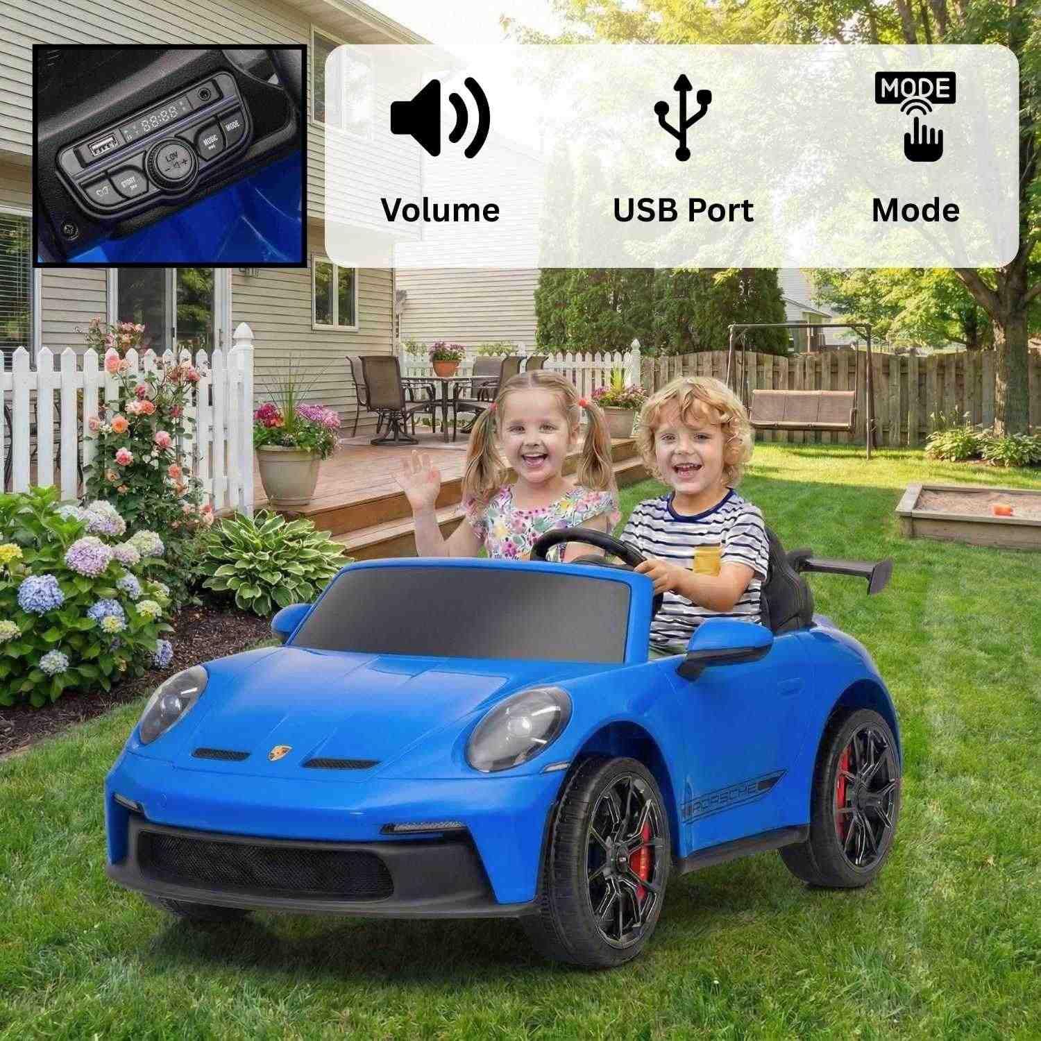 Porsche 911 GT3 Voiture électrique Enfants 24V 2 Places 4x4 Bleuw, 4 x 200W Moteurs, Batterie Lithium, télécommande parentale 2,4 GHz, Suspension, USB/AUX, phares LED, Licence Officielle