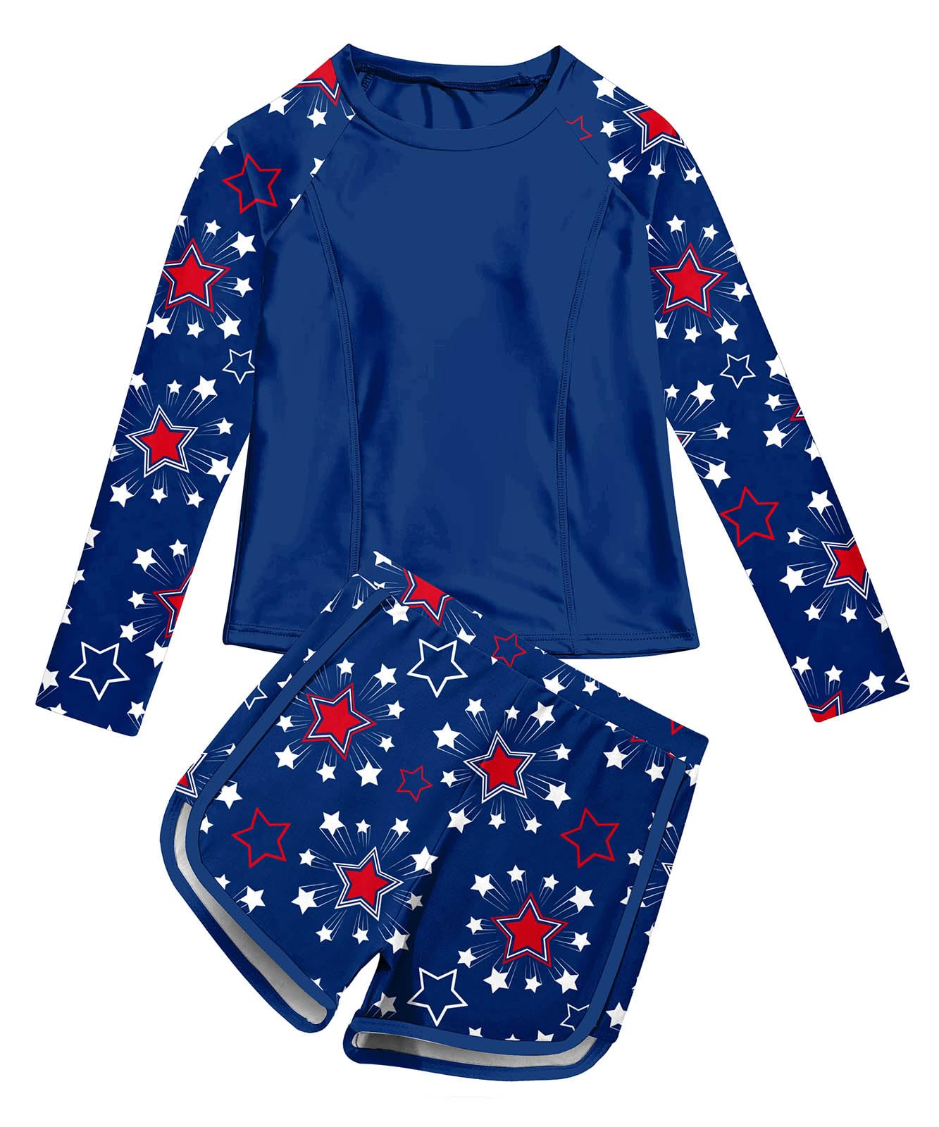 Vogseek Swimsuits for Girl 8-9 Years Old Rashguard Swimsuits Kids 4 of July Swimming Shorts Long Sleeve Quick Dry Swimwear Dark Blue