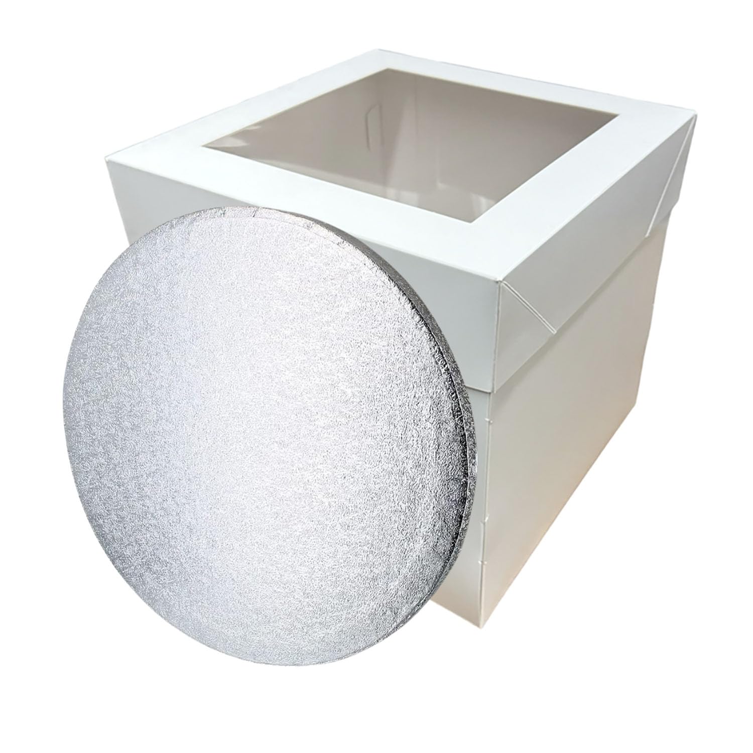 LARRYROO Tall White Cake Box Extra Deep with Clear Display Window & Silver Round Cake Drum Board Combo (12")