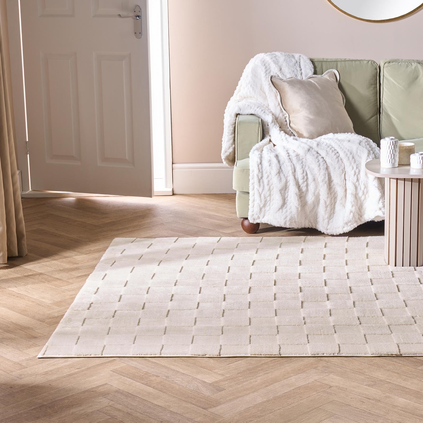 OHS Checker Board Tufted Rugs Living Room 120 x 170, Soft Fluffy Rugs for Bedroom Home Decorations Modern Non Slip Bedroom Rug Medium Non Shedding Hallway Runner Low Pile Carpet, Cream