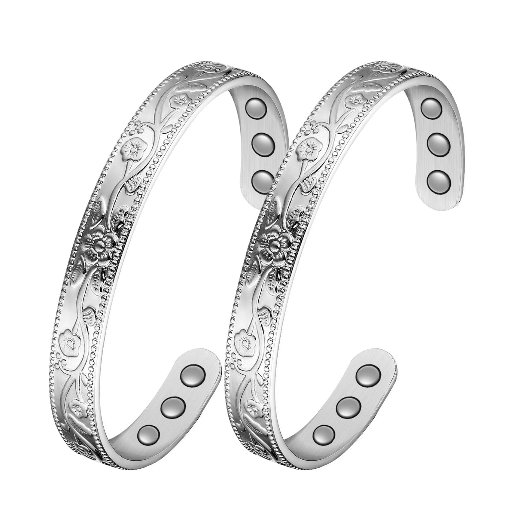 Jecanori2Pcs Magnetic Copper Bracelets for Women, Vintage Flower 99.99% Pure Copper Bracelets with 3500 Gauss Magnets, Adjustable Cuff Jewelry with Gift Box