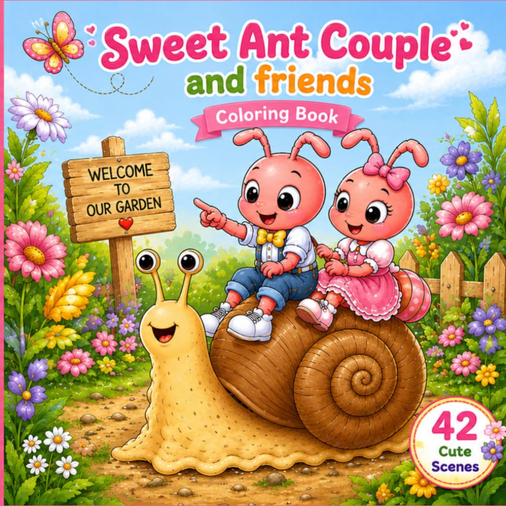 Sweet Ant Couple and Friends Coloring Book: 42 Cute Adventures of Love, Friendship, Nature, and Teamwork | Fun Coloring Pages for Kids