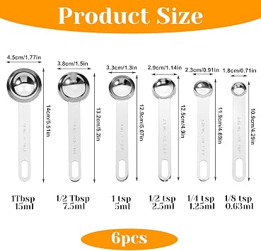 6 Pcs Stainless Steel Measuring Spoons Set, Metal Measure Spoons, Table Spoon Measuring Spoon for Coffee, Teaspoon Scoop, Includes 1/8, 1/4, 1/2, 1 TSP, 1/2 Tbsp, 1 Tbsp, Food Grade
