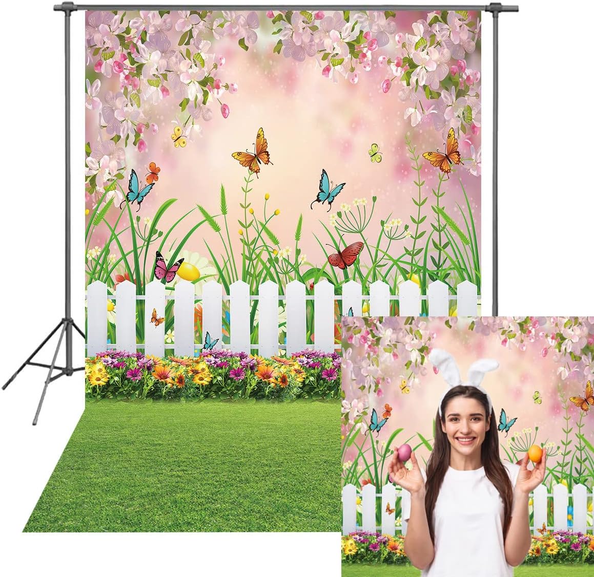 INRUI Spring Easter Garden Photography Backdrop Green Grass Lawn Floral Butterfly Fence Baby Shower Birthday Party Decorations Banner (8x10FT)