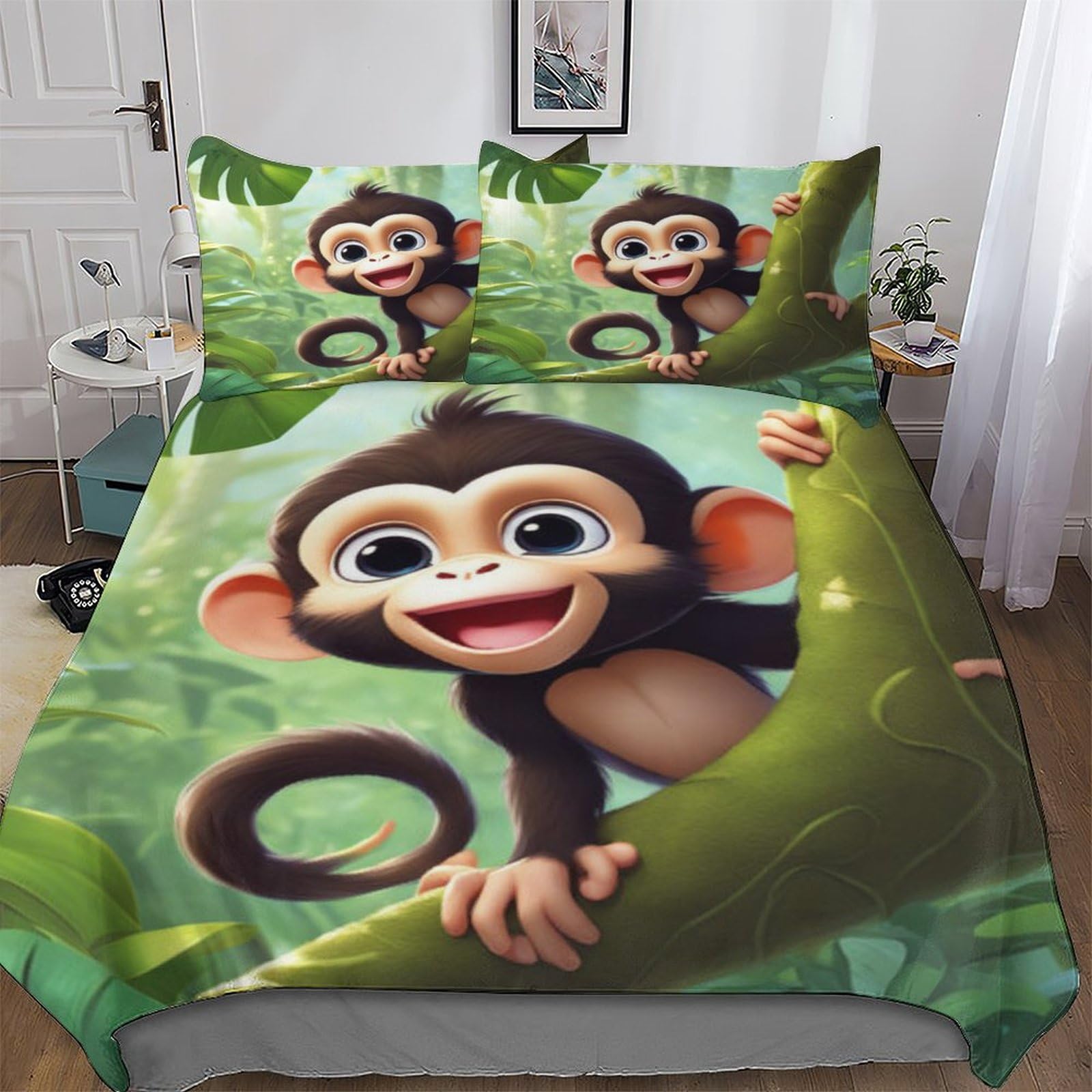Cute Monkey 3D Printed Duvet Cover Sets with Zipper Closure Comforter Cover 2 Piece Set Super Soft Cotton Quilt Cover with Pillowcase For Boys, Girls And Teenagers Single (135x200cm)