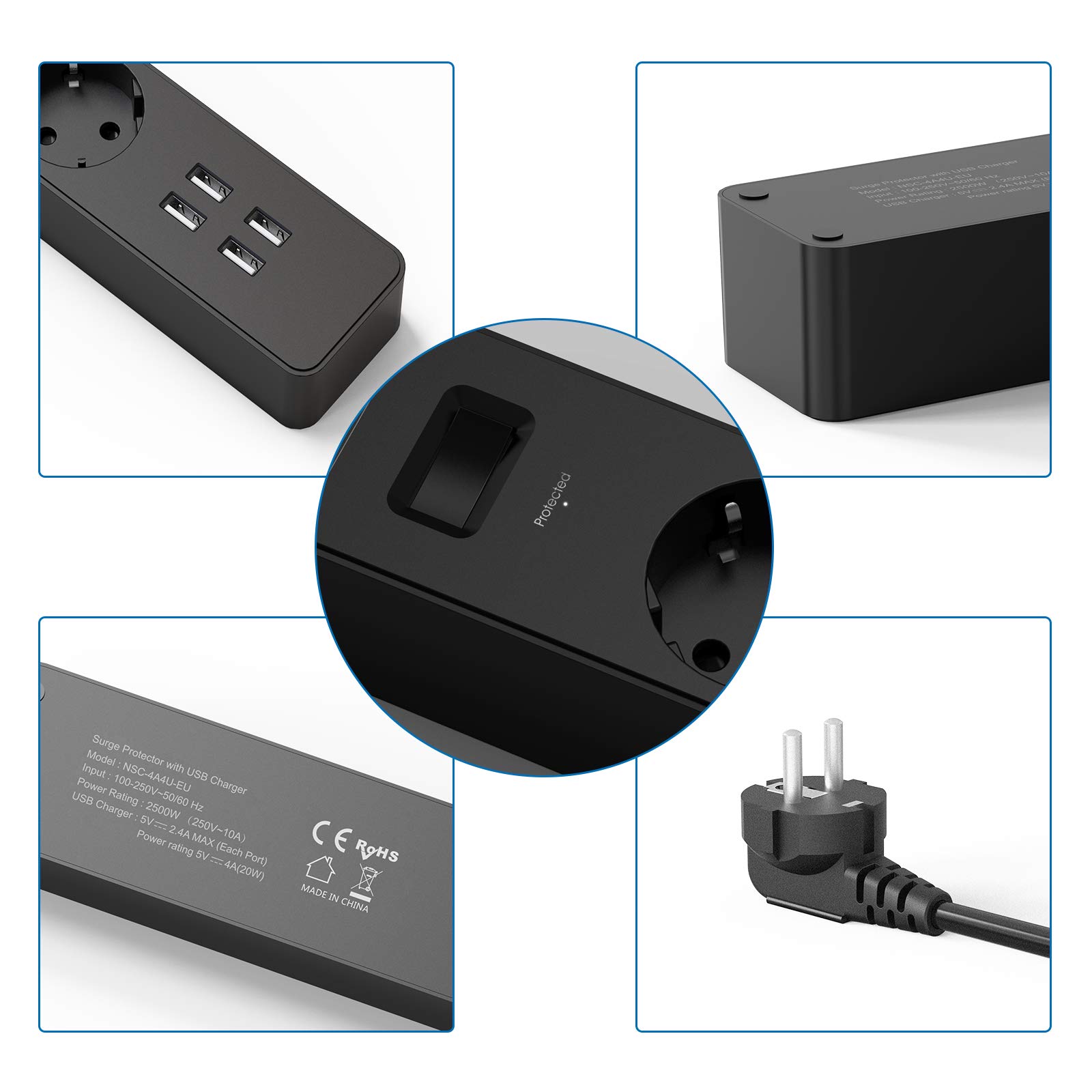 NTONPOWER Multiprise Electrique USB, Multiprise Pare foudre avec 4 Prises et 4 Ports USB, Long Cordon de 3 m, avec Interrupteurs, Anti foudre, Protection pour Les Enfants, pour Maison et Bureau- Noire