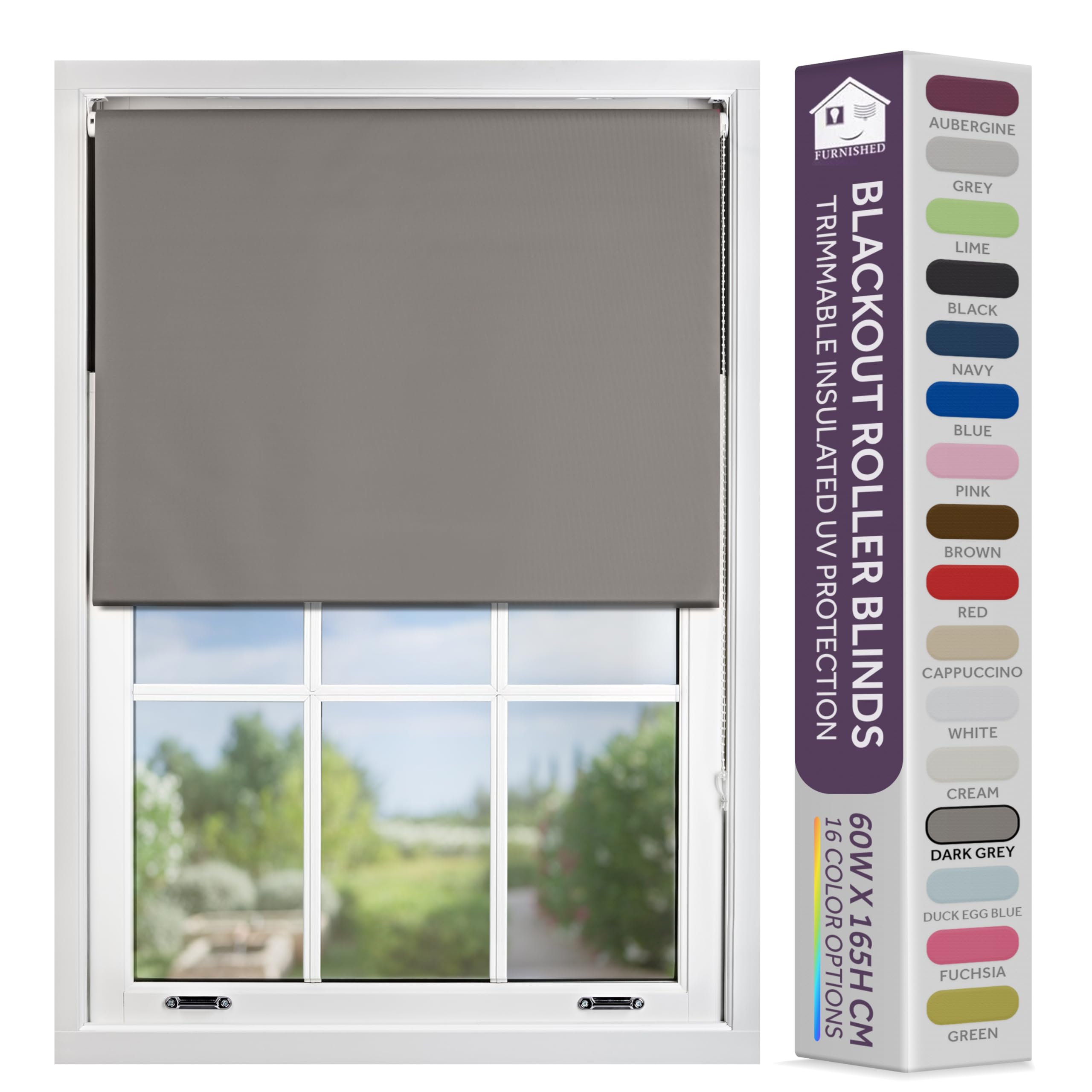 FURNISHED Blackout Roller Blind with Metal Fittings Trimmable Insulated Thermal Fabric Heavy-duty Easy Install Brackets Window Roller Blinds - Dark Grey, 195W x 165H cm