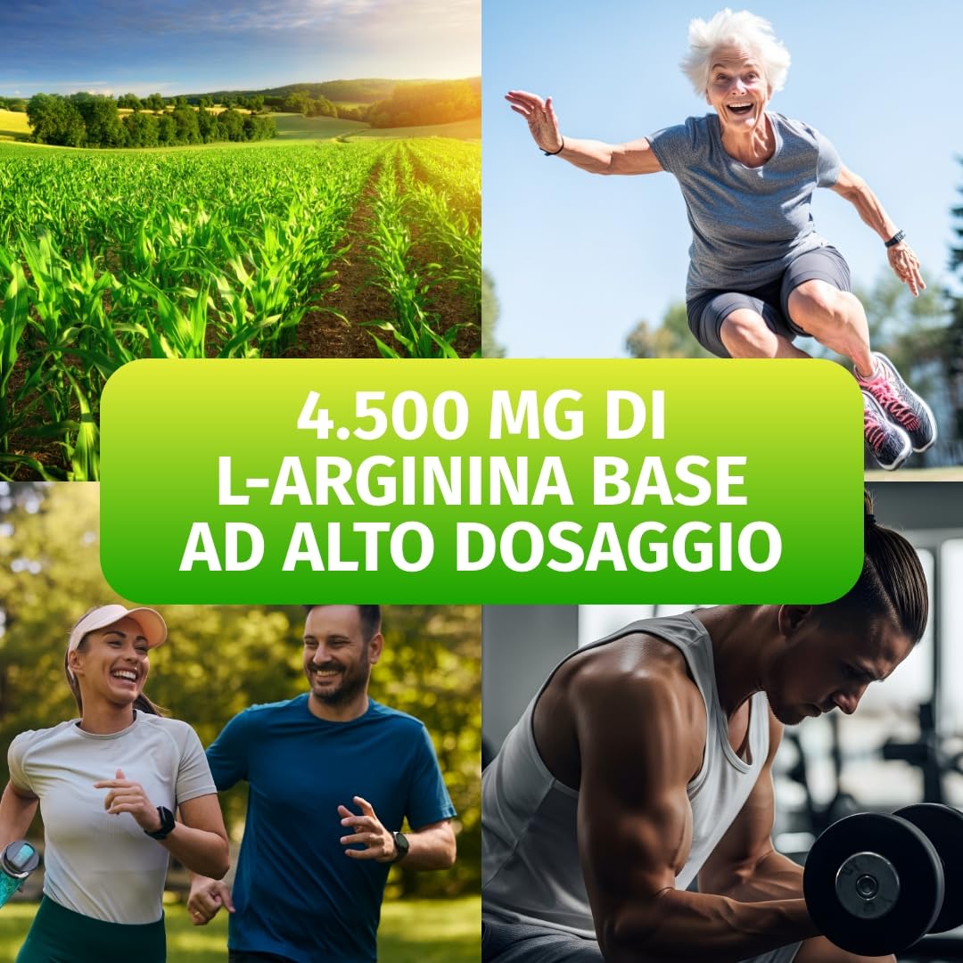 Green Naturals® L-Arginina – Ad alto dosaggio 4.500 mg per dose giornaliera – L-arginina base pura da fermentazione naturale – 100% vegana & senza additivi – 365 capsule (60 giorni)