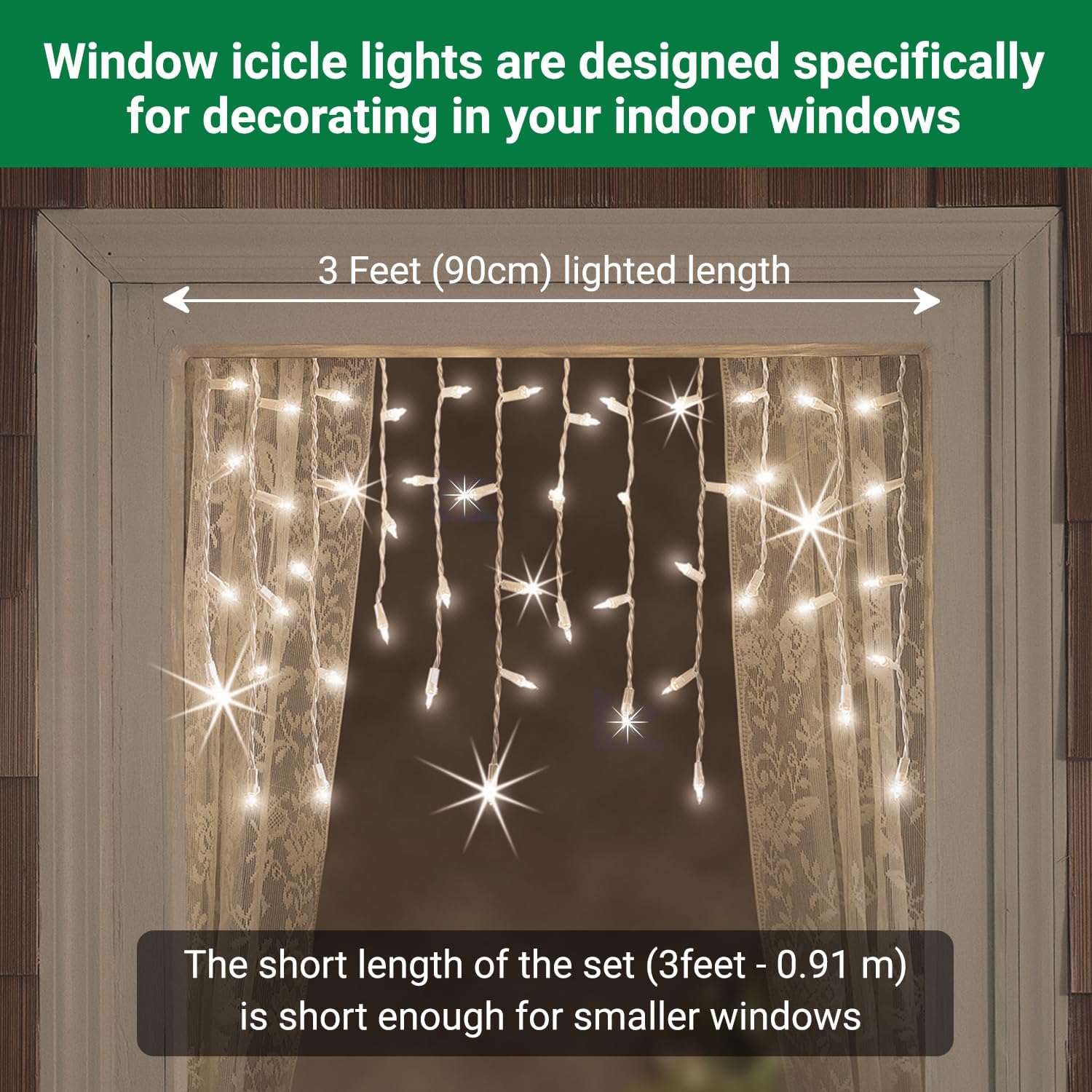 Christmas Twinkle Window Icicle Lights - 3 Feet (0.91 m), 8 of 50 Lights Twinkle - 50 Clear Incandescent Bulbs - Random Shimmering Twinkle Christmas Window Icicle Lights - Indoor Outdoor