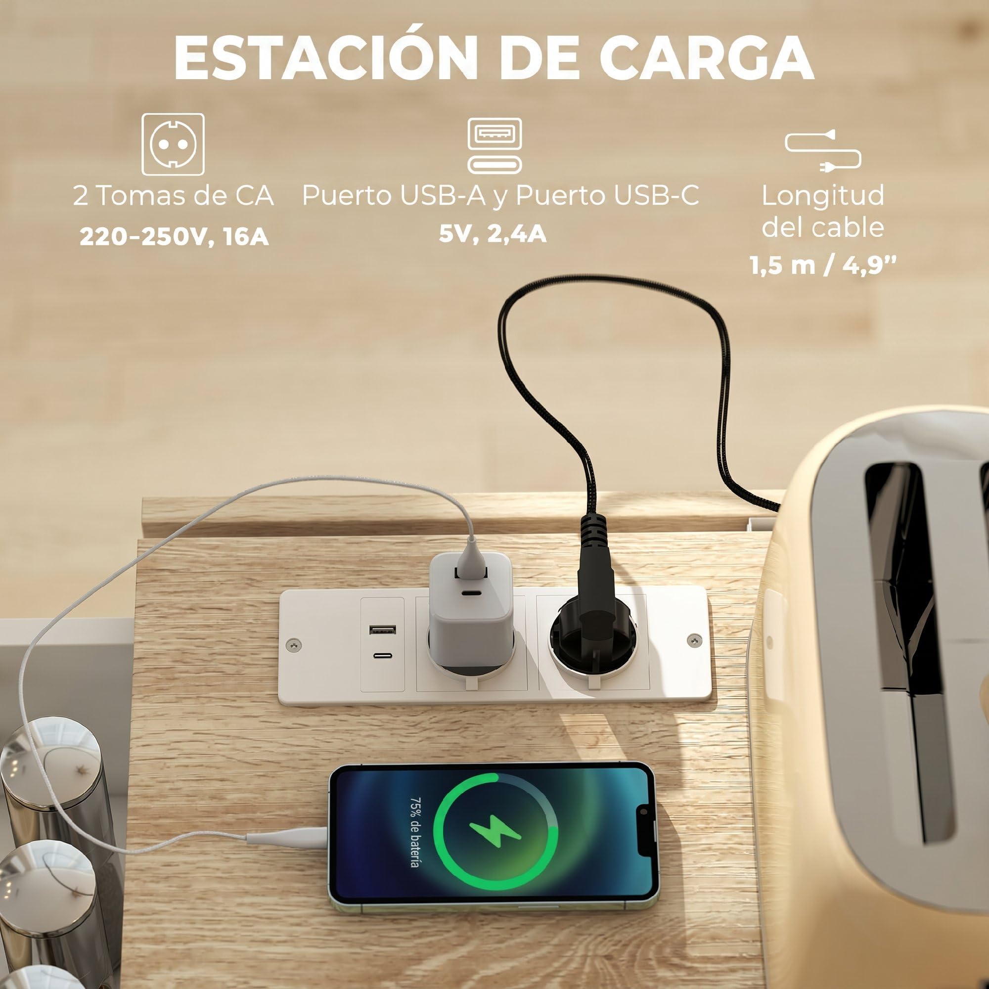 HOMCOM Isla de Cocina con Encimera Extensible y Estación de Carga, Carro de Cocina con Ruedas, 2 Puertas, 3 Cajones, Estantes Ajustables, Especiero y Toallero, Blanco