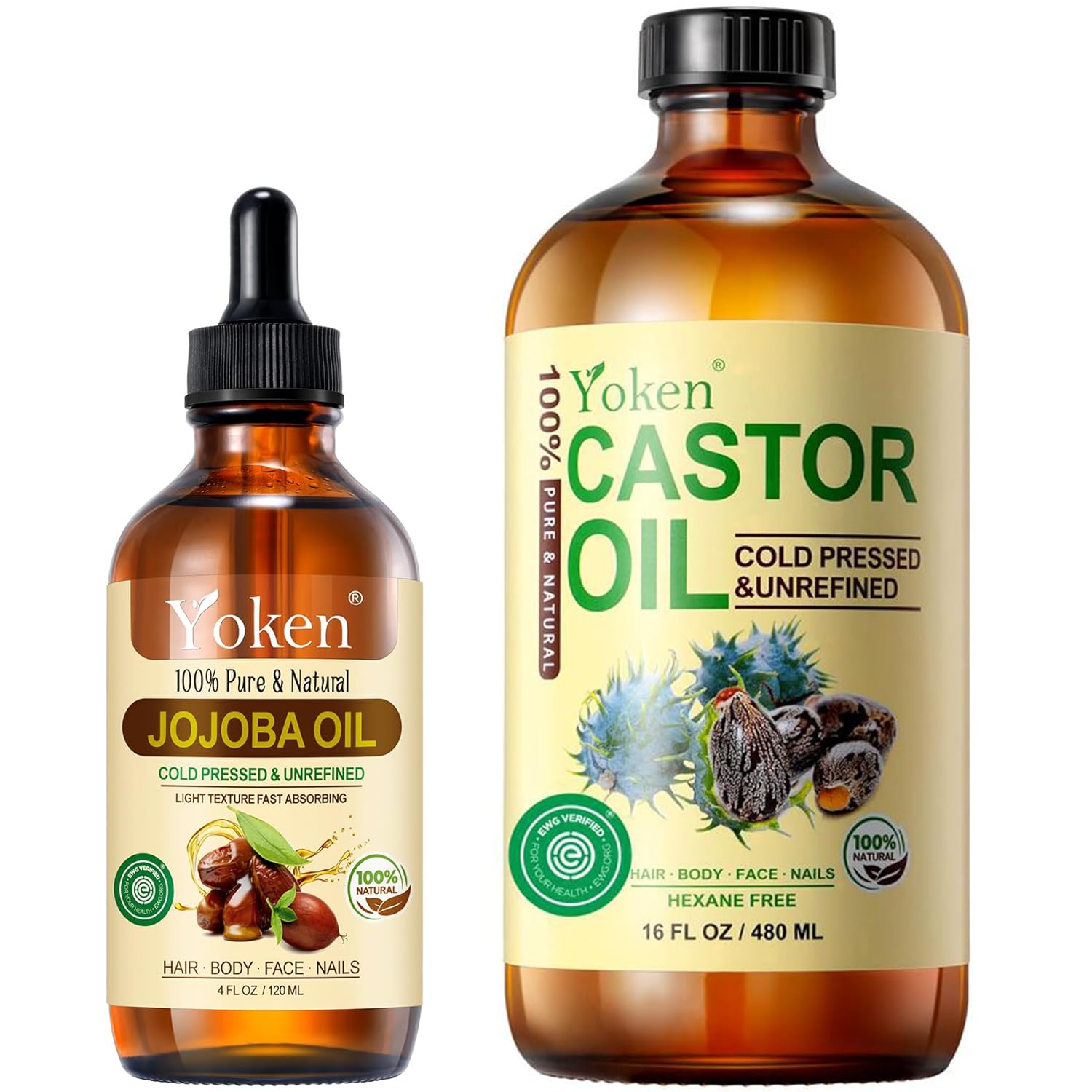 Yoken Jojoba Oil 4oz & Castor Oil 16oz Set: Both in Glass Bottle, 100% Pure & Natural, EWG Verified, Cold Pressed, Virgin, Hexane Free - Best Carrier Oils Hair Oils Facial Oils, Hydrating & Nourishing