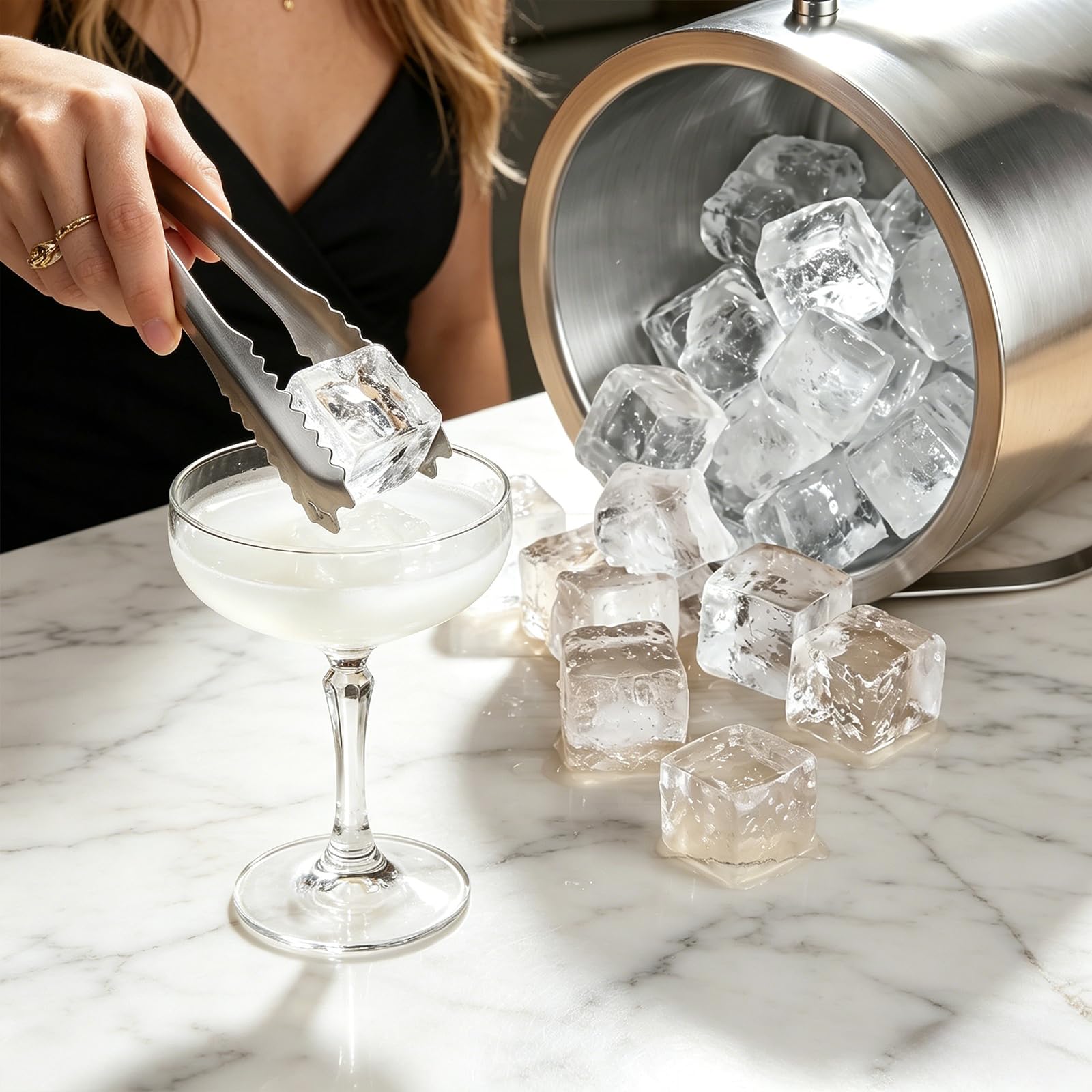 3L Doppelwandiger Eiskübel aus Edelstahl mit Deckel, Schaufel, Zange & Griff - Isolierter Eisbehälter für Partys, Bar und Camping - Hält Eis länger gefroren