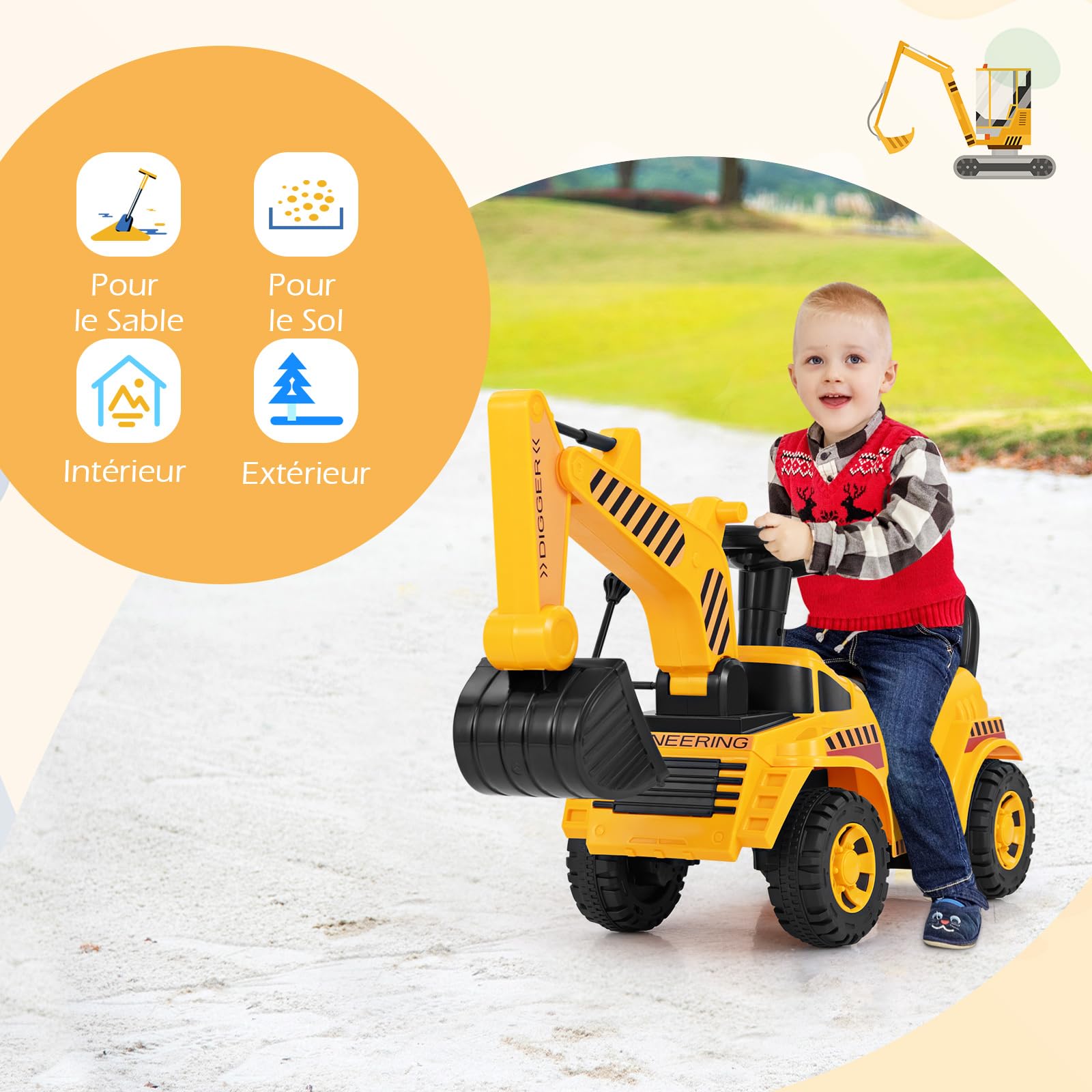 COSTWAY Tractopelle Enfant avec Pelle Réglable & Son du Moteur, Pelleteuse Enfant avec Bloc Anti-basculement, Espace Caché, Charge 15KG, Excavateur pour Enfant de 19-36 Mois