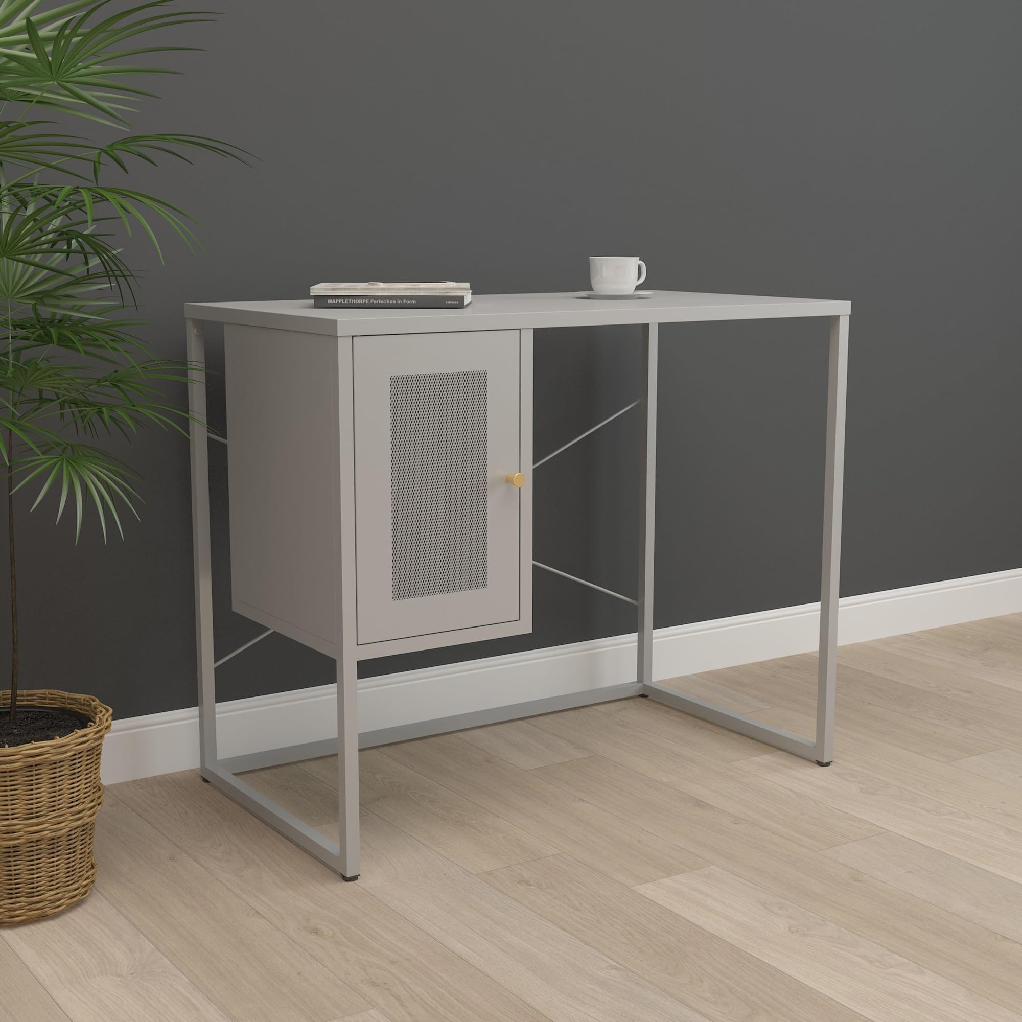 [en.casa] Scrivania in Acciaio con Scomparto Sospeso Chiuso con Anta Traforata Tavolo da Ufficio Studio Officina Postazione di Lavoro 75 x 100 x 50 cm Grigio