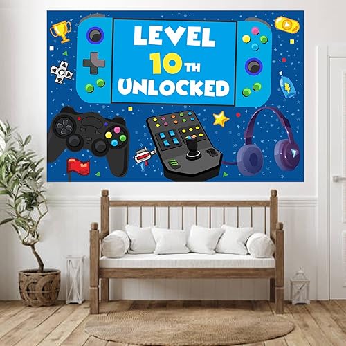 Miniatura 5 de Cartel de nivel 10 desbloqueado para cumpleaños número 10, telón de fondo, decoración temática de videojuegos, decoración para niños y niñas,