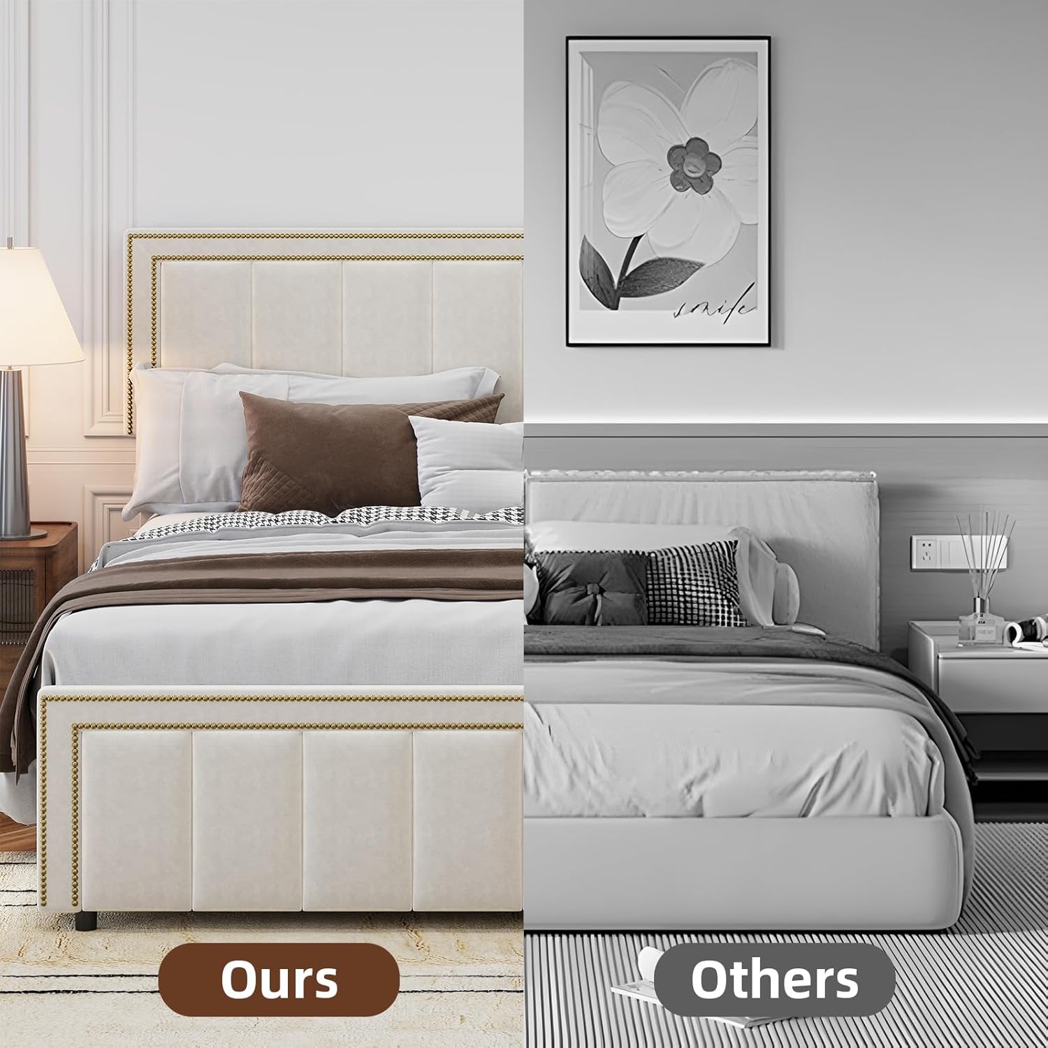 BarnFurin King Size Size Bed Frame with 50" Tall Headboard and Footboard, Chenille Upholstered Bed Frame, Vertical Channel Tufting with Nailhead Trim, No Box Spring Needed, Easy Assembly, Beige