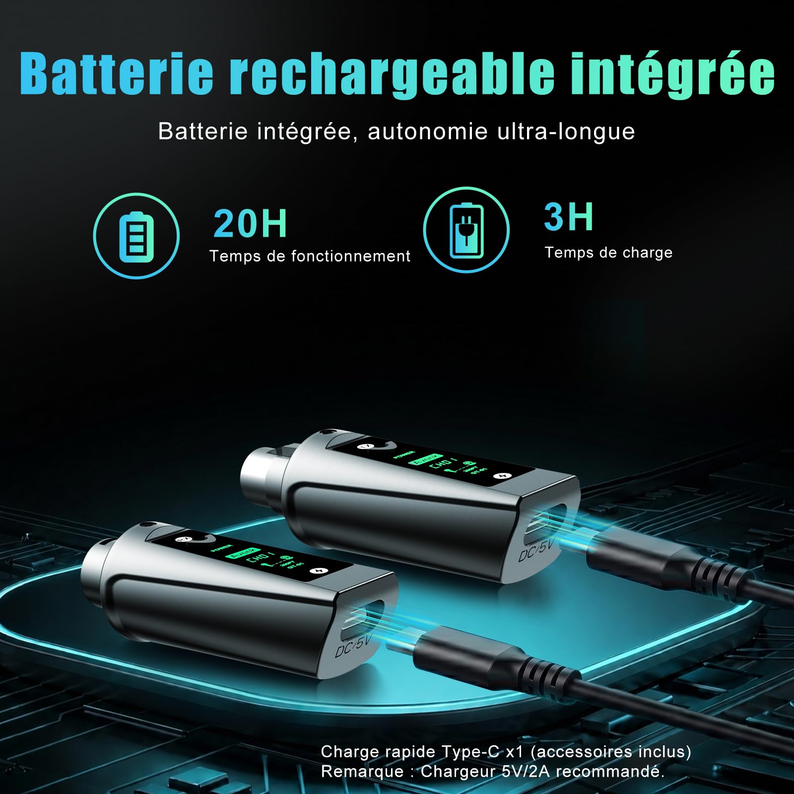 Aveek Émetteur-récepteur XLR sans fil pour Micro Dynamique portée de 60 m | Latence < 2 ms, signal stable, autonomie 20 h, appairage automatique, adaptateur pour table de mixage, sono, église et scène