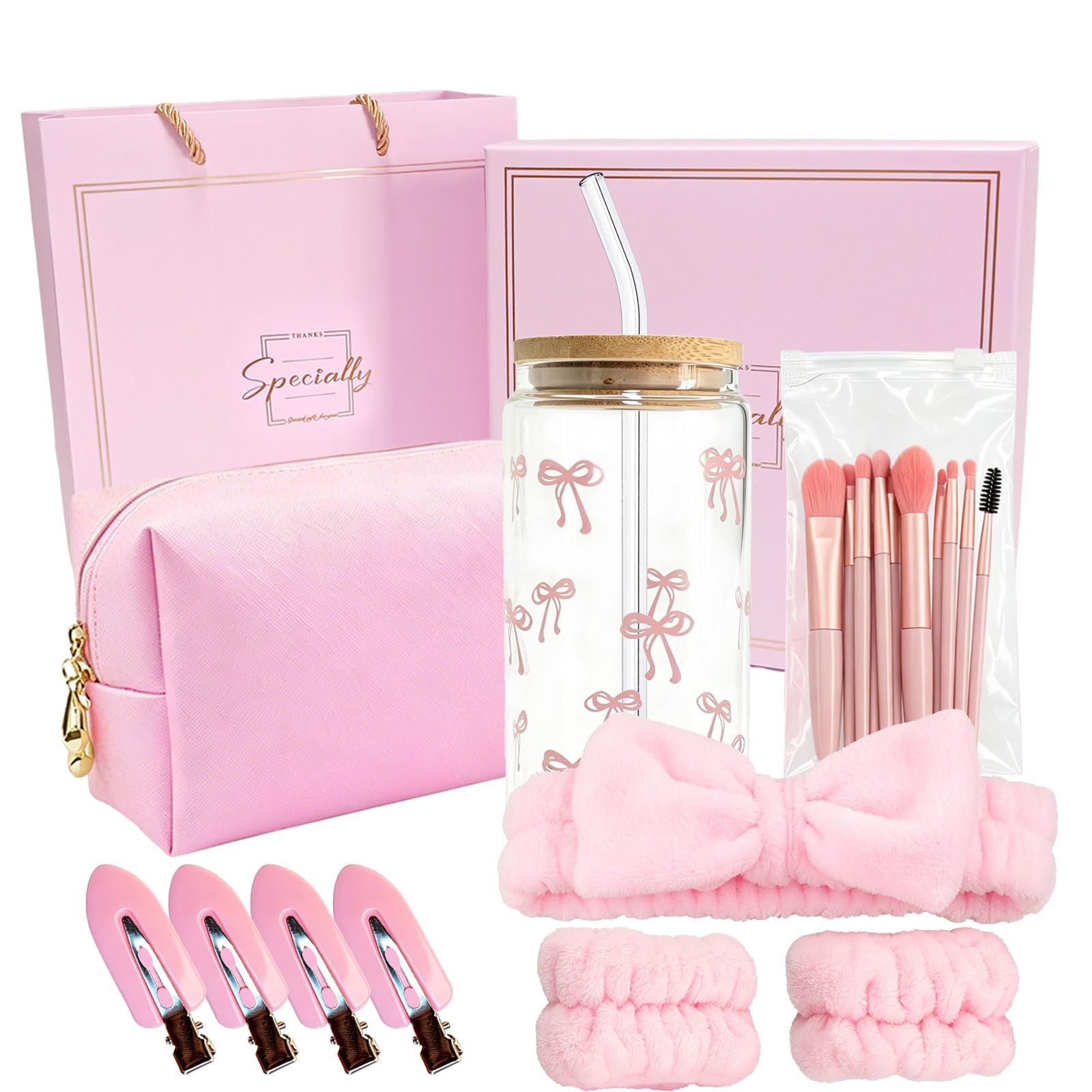 rosa Geschenkbox Regalo per Ragazze Teenager 9-16 Anni, Set Regalo di Compleanno con Bicchiere di Vetro, Cannuccia, Coperchio, Pennelli Trucco, Borsetta Cosmetica, Fermaglio per Capelli,