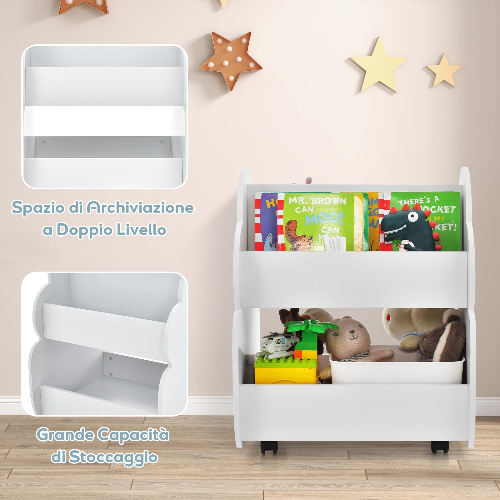 COSTWAY Libreria Montessoriana Doppio Lato per Bambini con Ruote, Scaffale Portaoggetti Multifunzione a 2 Livelli con Angoli Arrotondati, Libreria Bassa per Cameretta e Asilo, 52x47x63,5 cm, Bianco